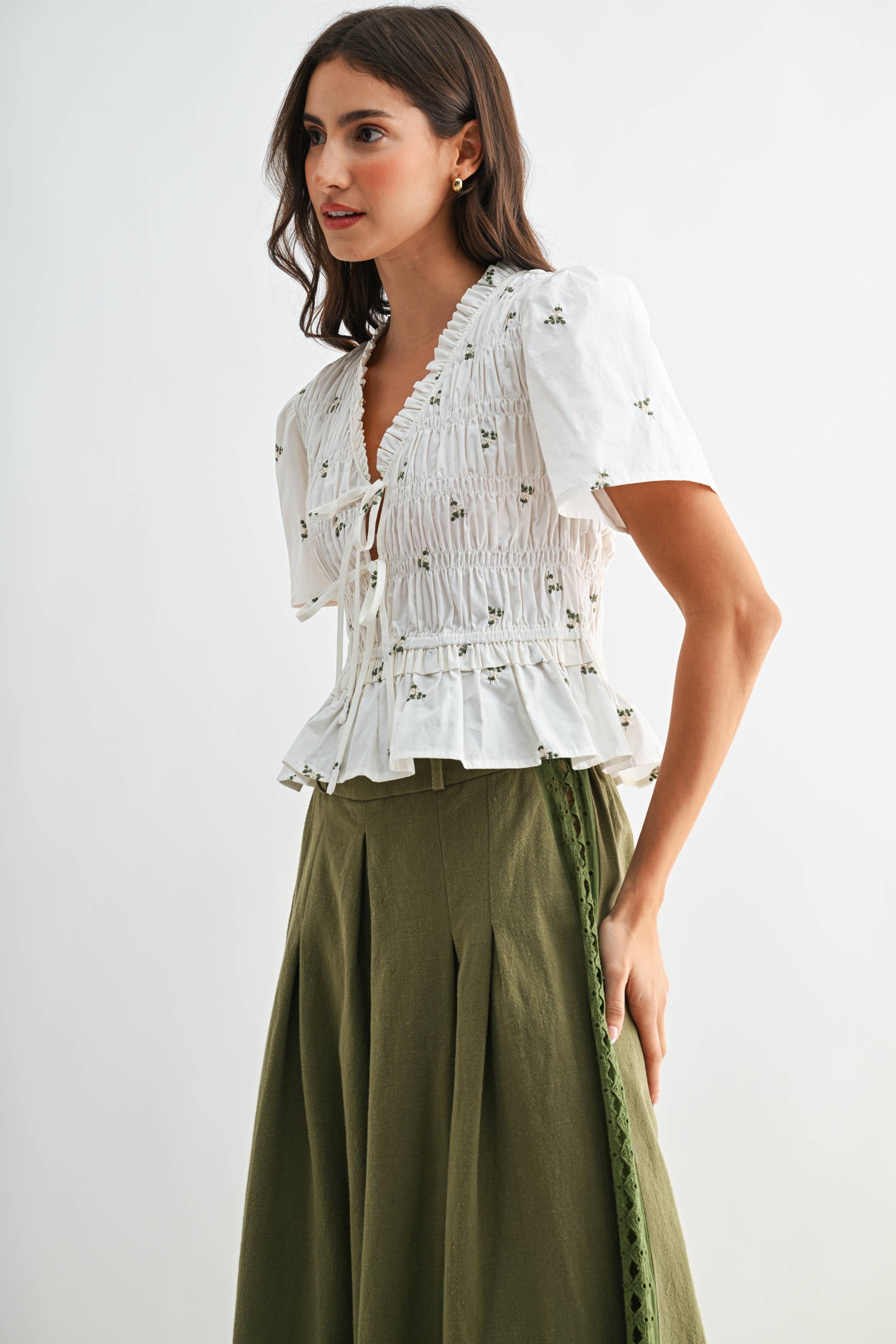 Ivory Floral Tie Front Peplum with Smocking Detail