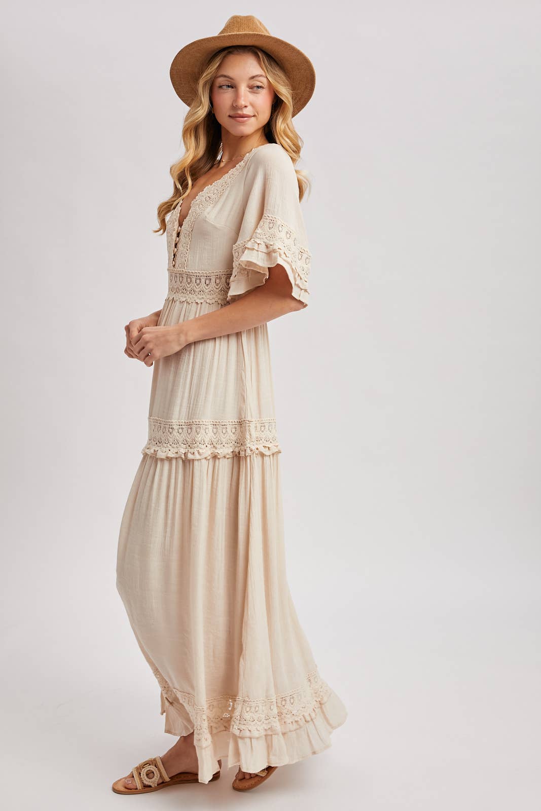 Lace V Neck Maxi Dress with Ruffle Sleeves (Olive & Ivory)