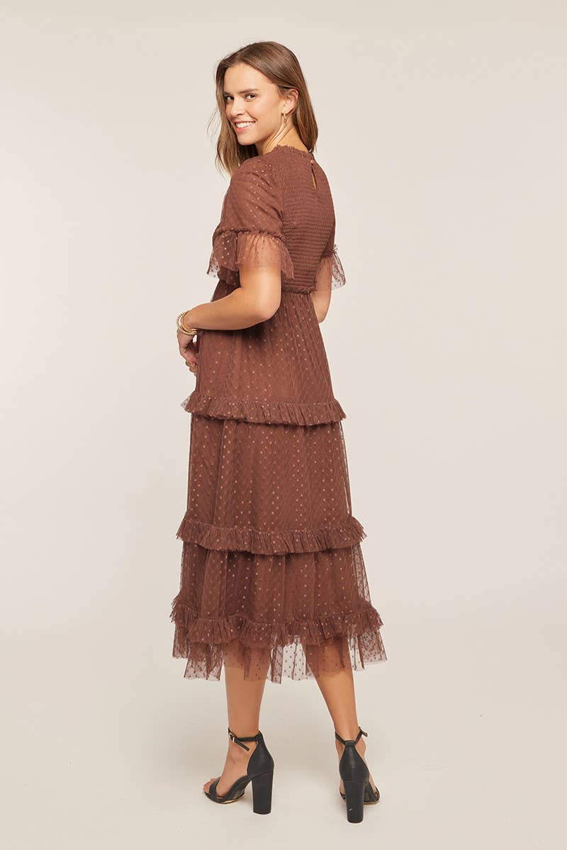 Dot Mesh Tiered Ruffle Midi Dress
