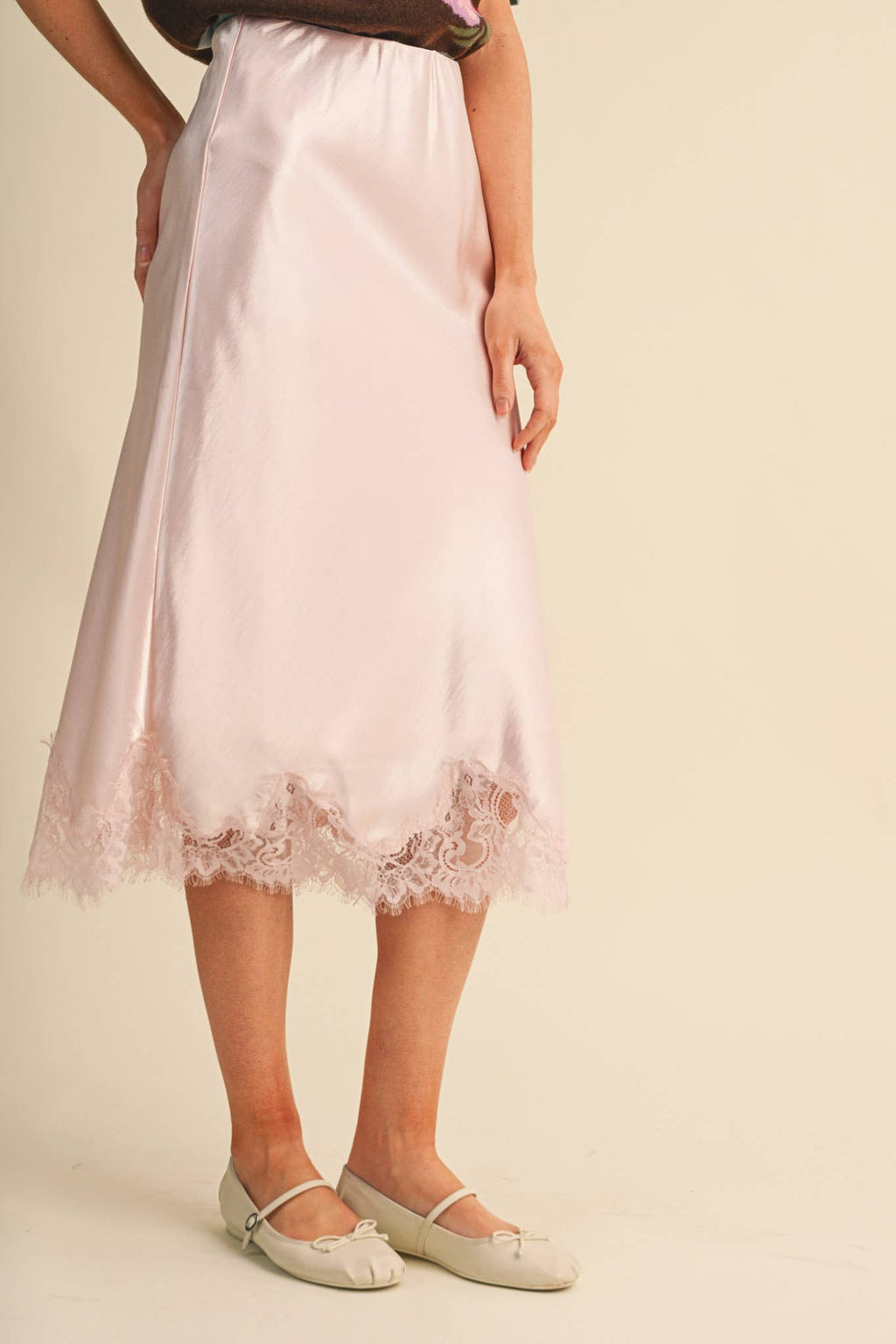 Ballerina Pink Satin Midi Slip Skirt with Lace Hem