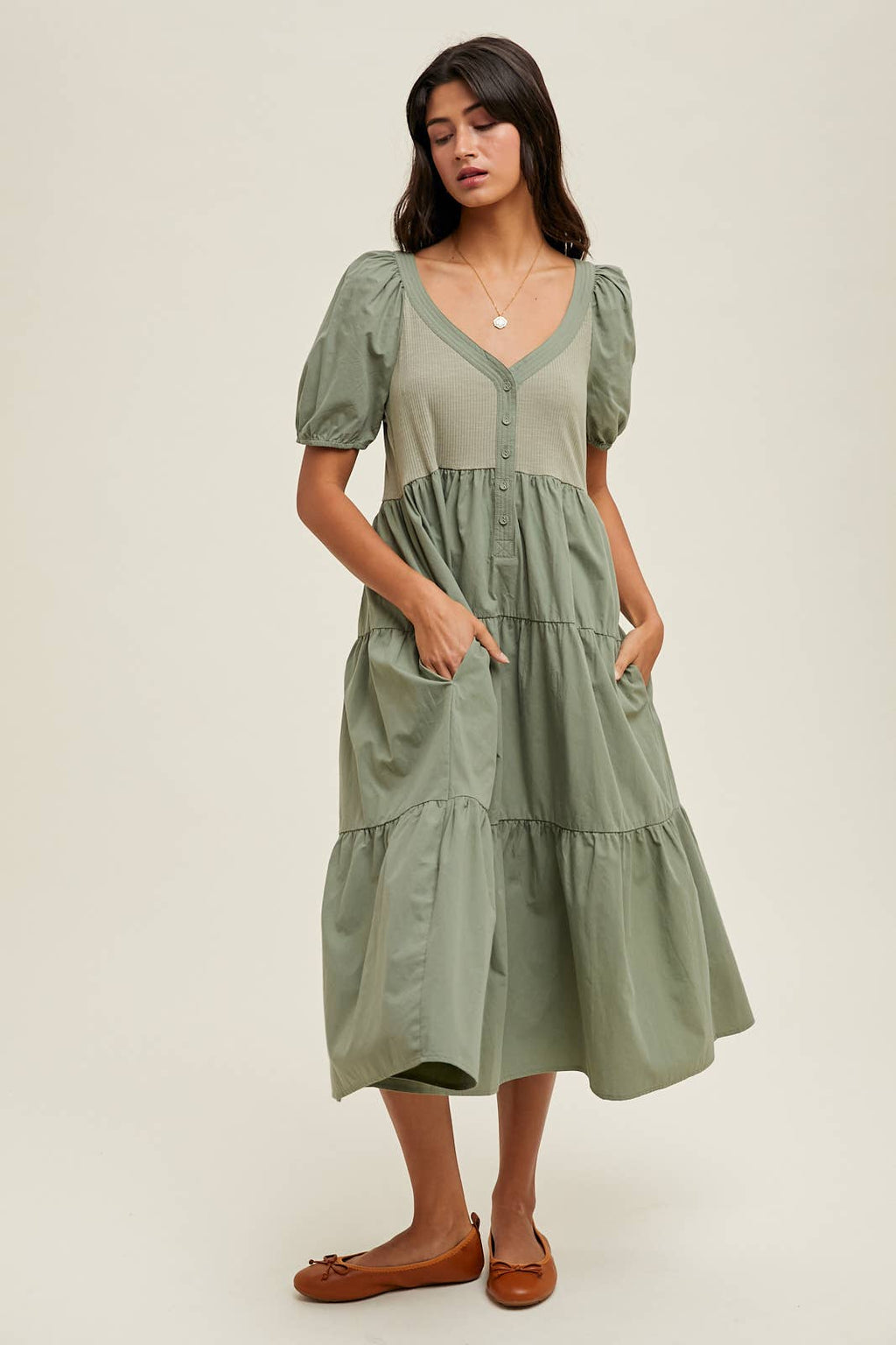 Olive Buton Front Mid Length Dress with Puff Sleeve