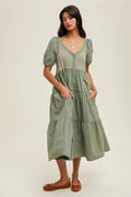 Olive Buton Front Mid Length Dress with Puff Sleeve