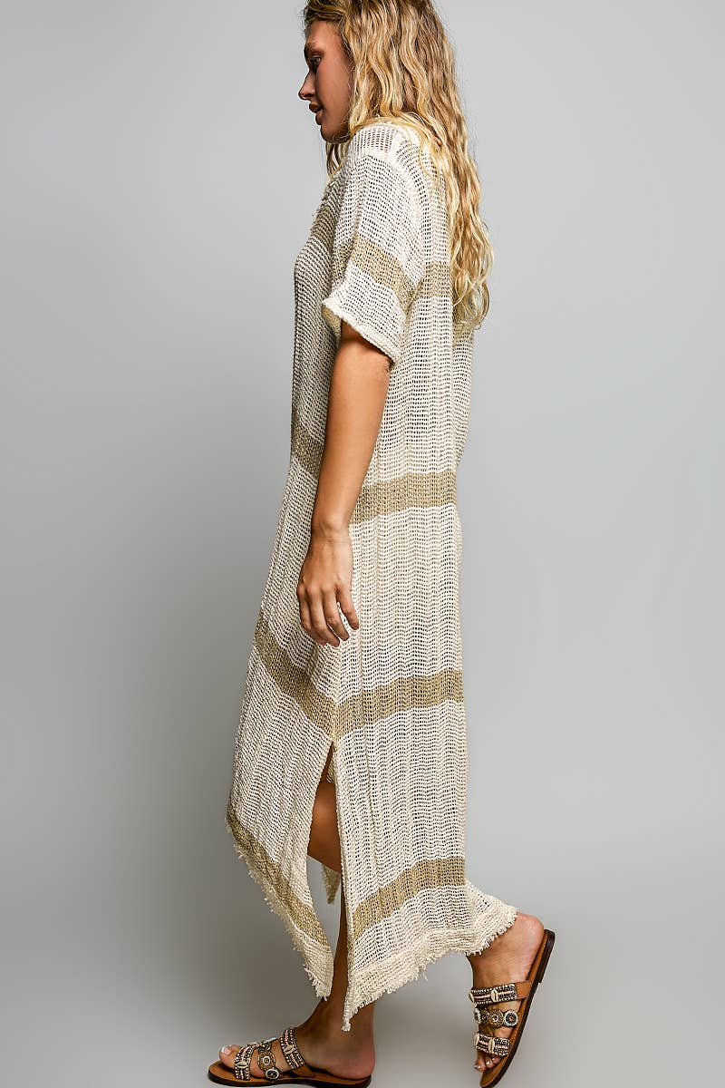 Stripe Pattern Short Sleeve Raw Edge Linen Long Dress