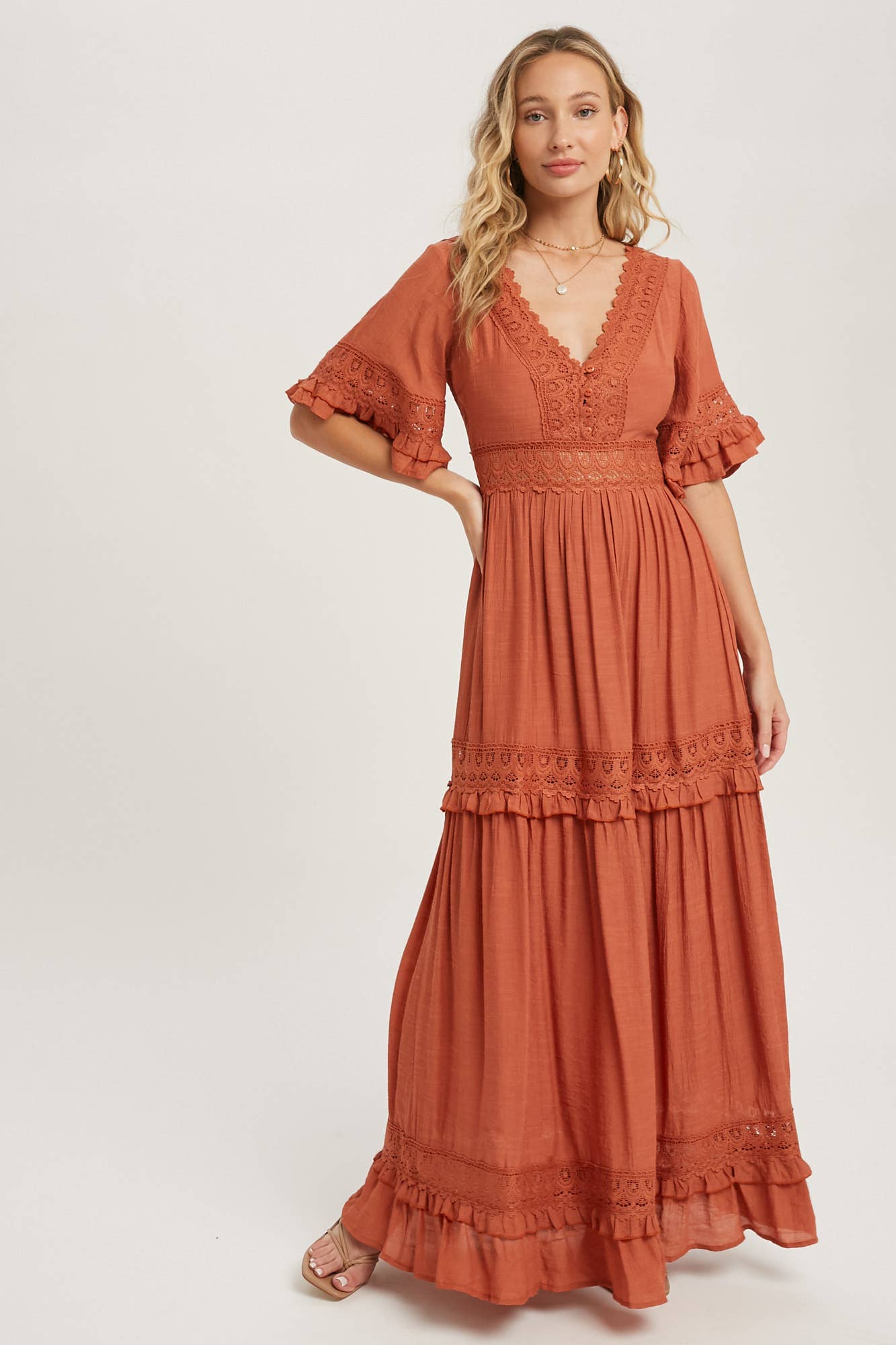 Lace V Neck Maxi Dress with Ruffle Sleeves (Olive & Ivory)