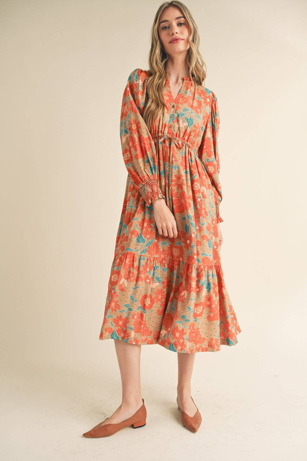 Cream with Rust/Teal Floral Ruffle Maxi Dress