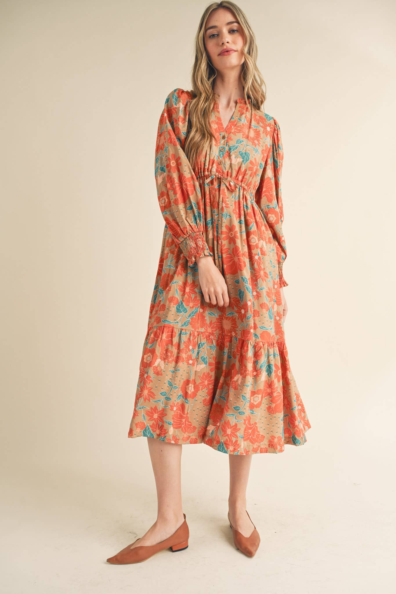 Cream with Rust/Teal Floral Ruffle Maxi Dress