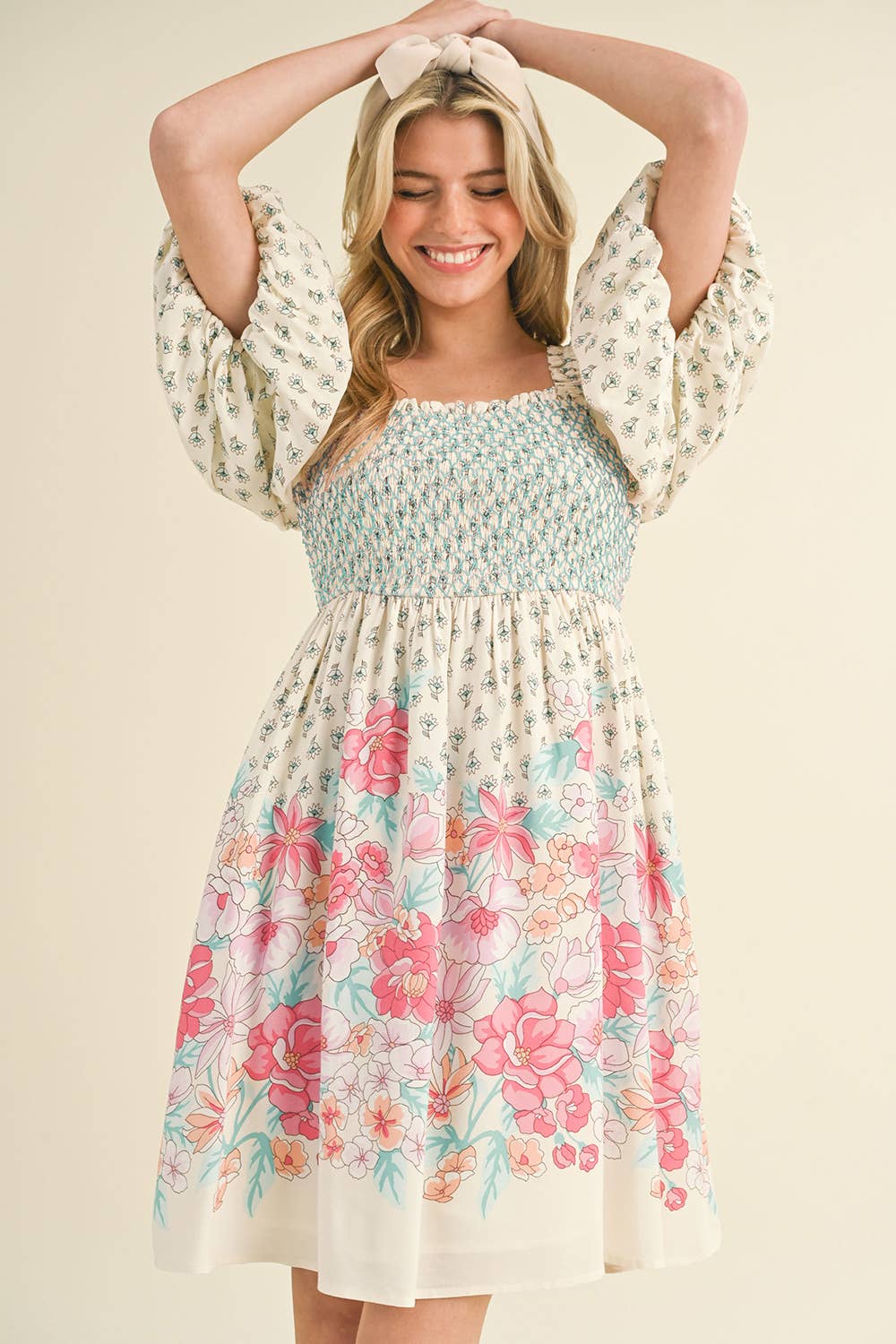 Pink/Peach Floral Smocked Knee Length Dress with Puff Sleeves