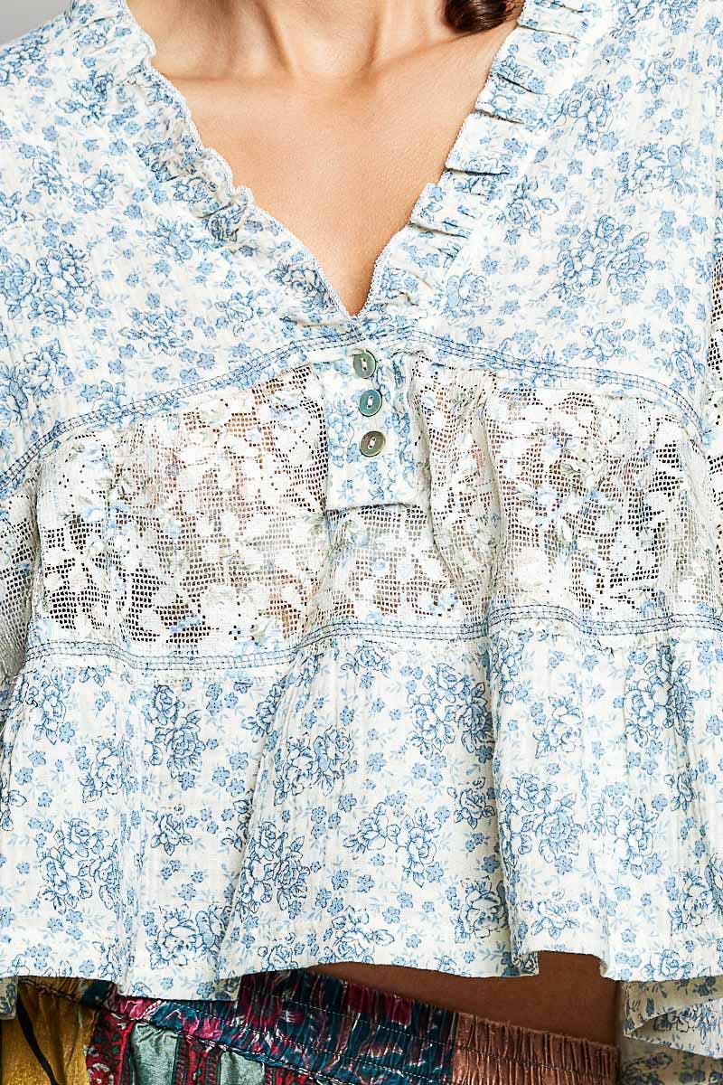 Blue Floral Printed Lace Patch Adjustable Back Loop Ruffled V-Neck Top