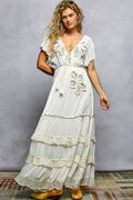Ivory Ruffle Trim V-neck Embroidery Sequins Tassel Maxi Dress