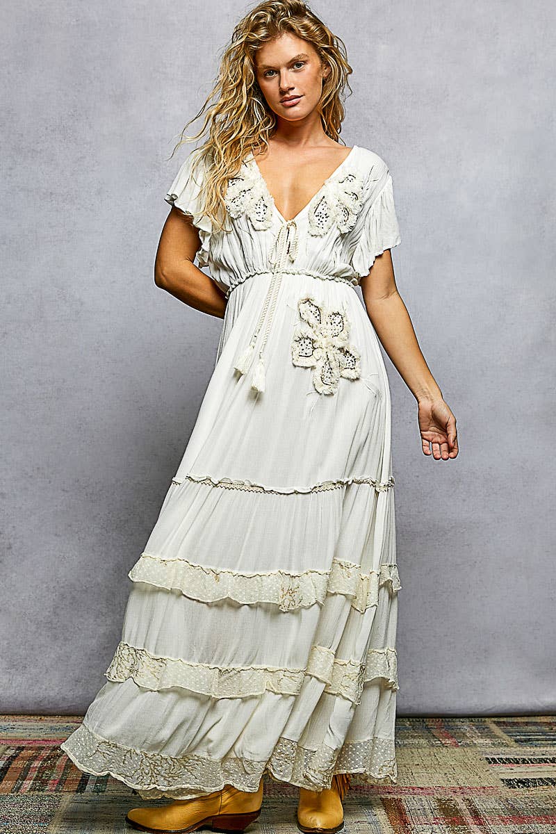 Ivory Ruffle Trim V-neck Embroidery Sequins Tassel Maxi Dress