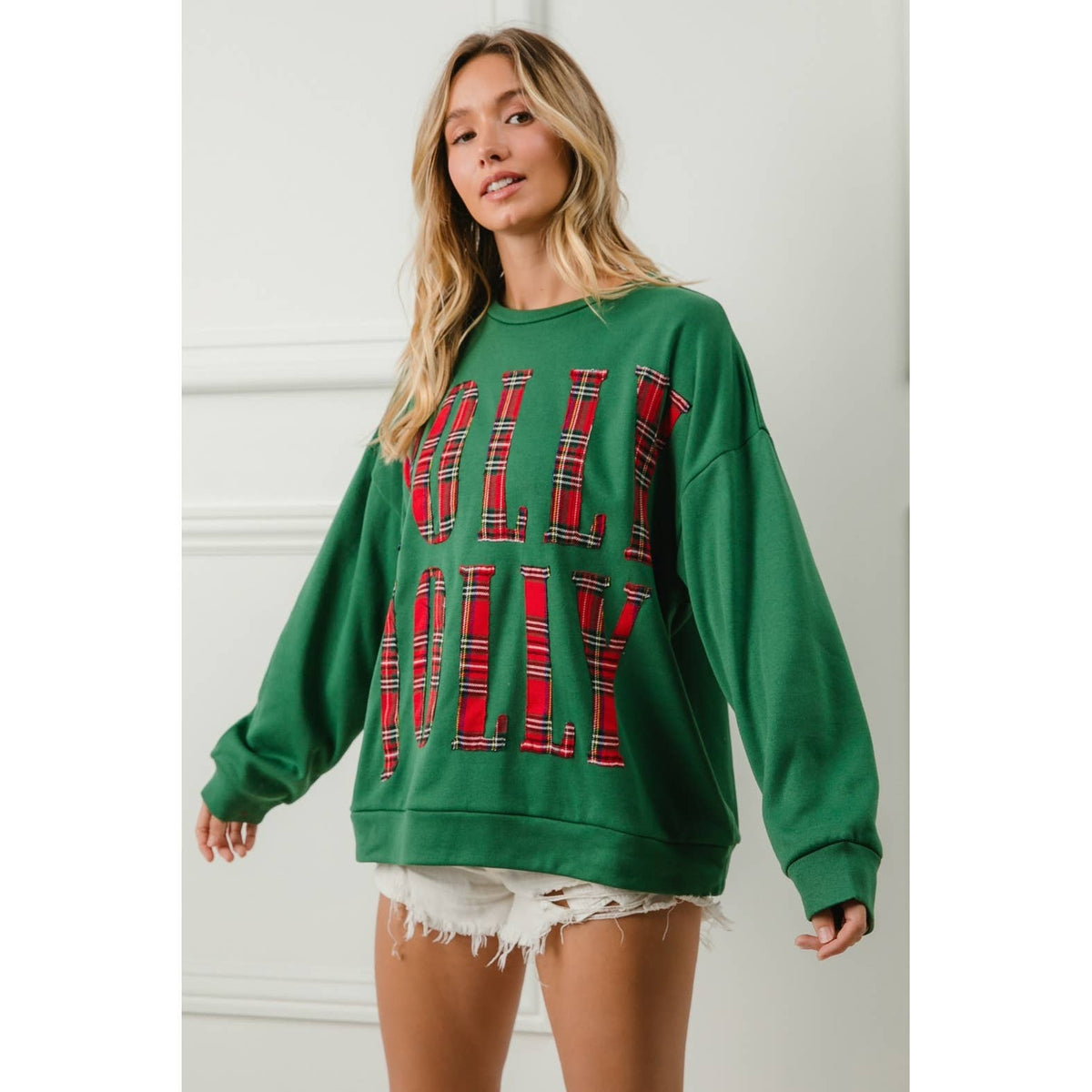 PLAID HOLLY JOLLY LETTERING CHRISTMAS SWEATSHIRT