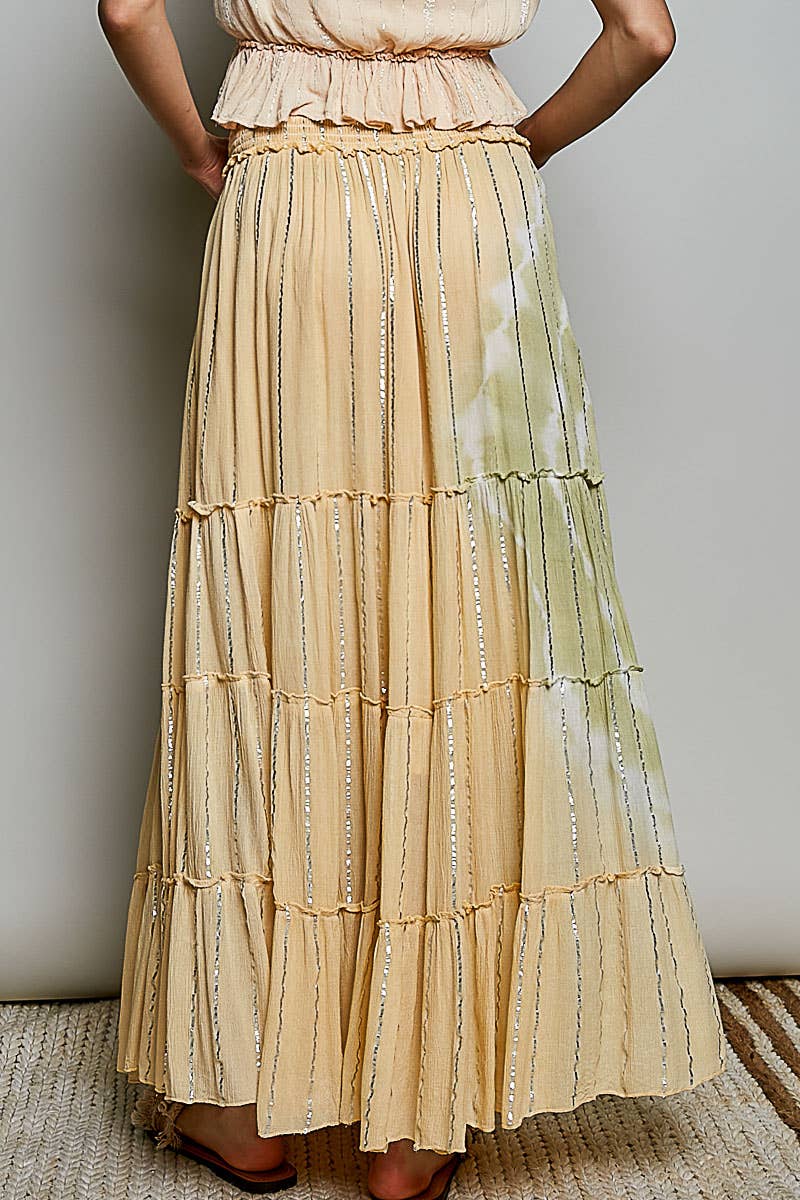 Coral/Olive Smocked Waist Tassel Tie Tiered Maxi Skirt