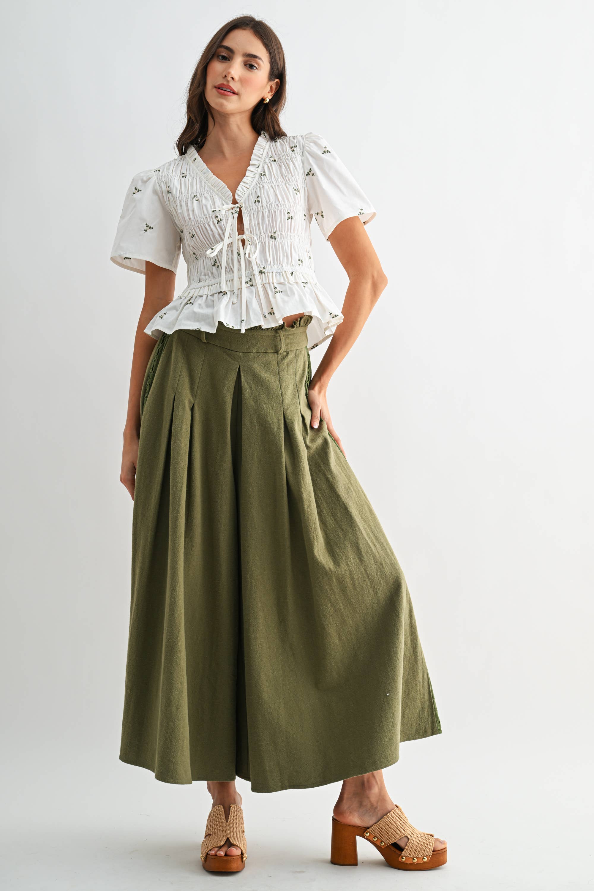 Ivory Floral Tie Front Peplum with Smocking Detail
