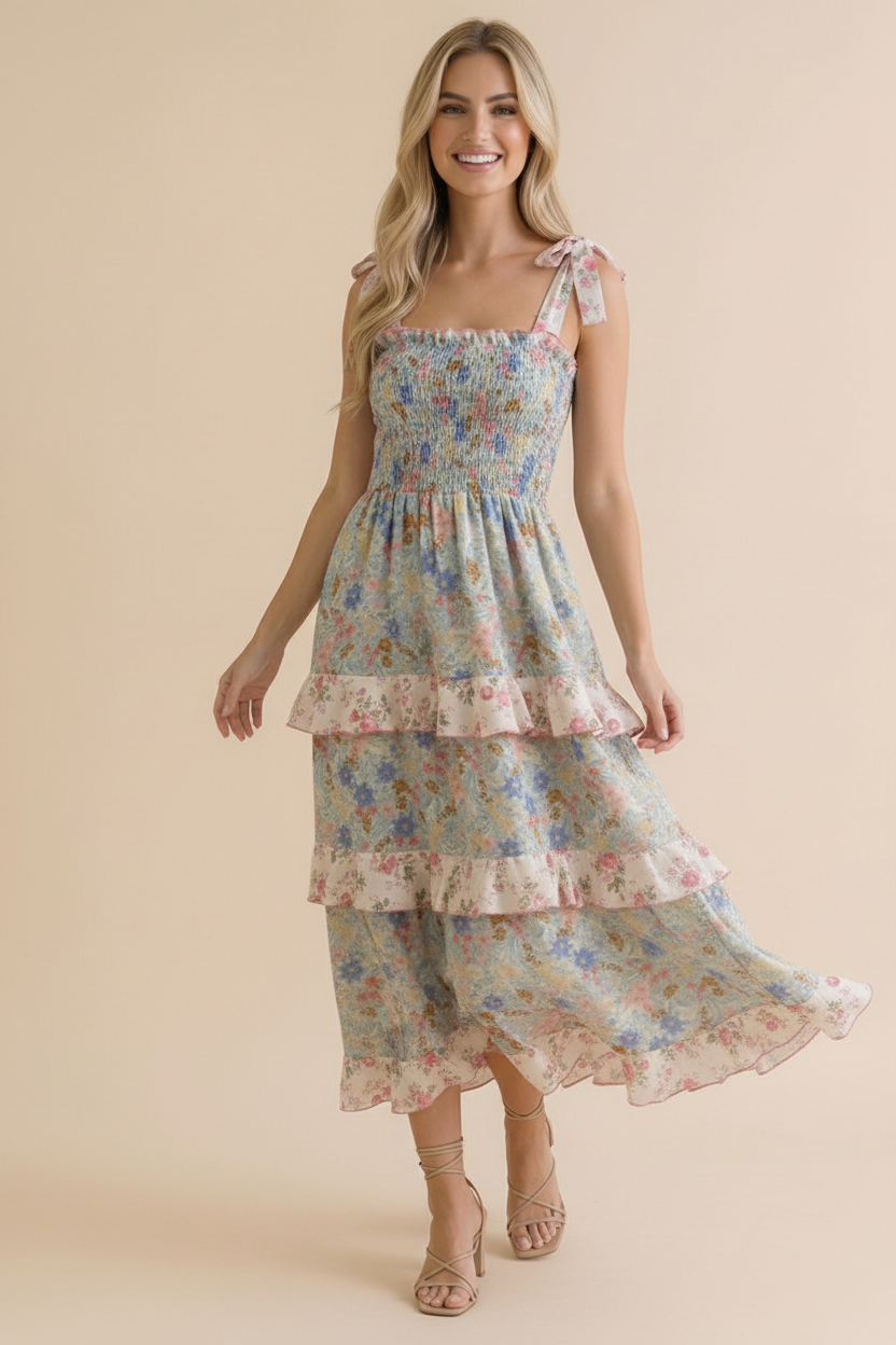 Plus Smocking Tube Color Block Floral Maxi Dress