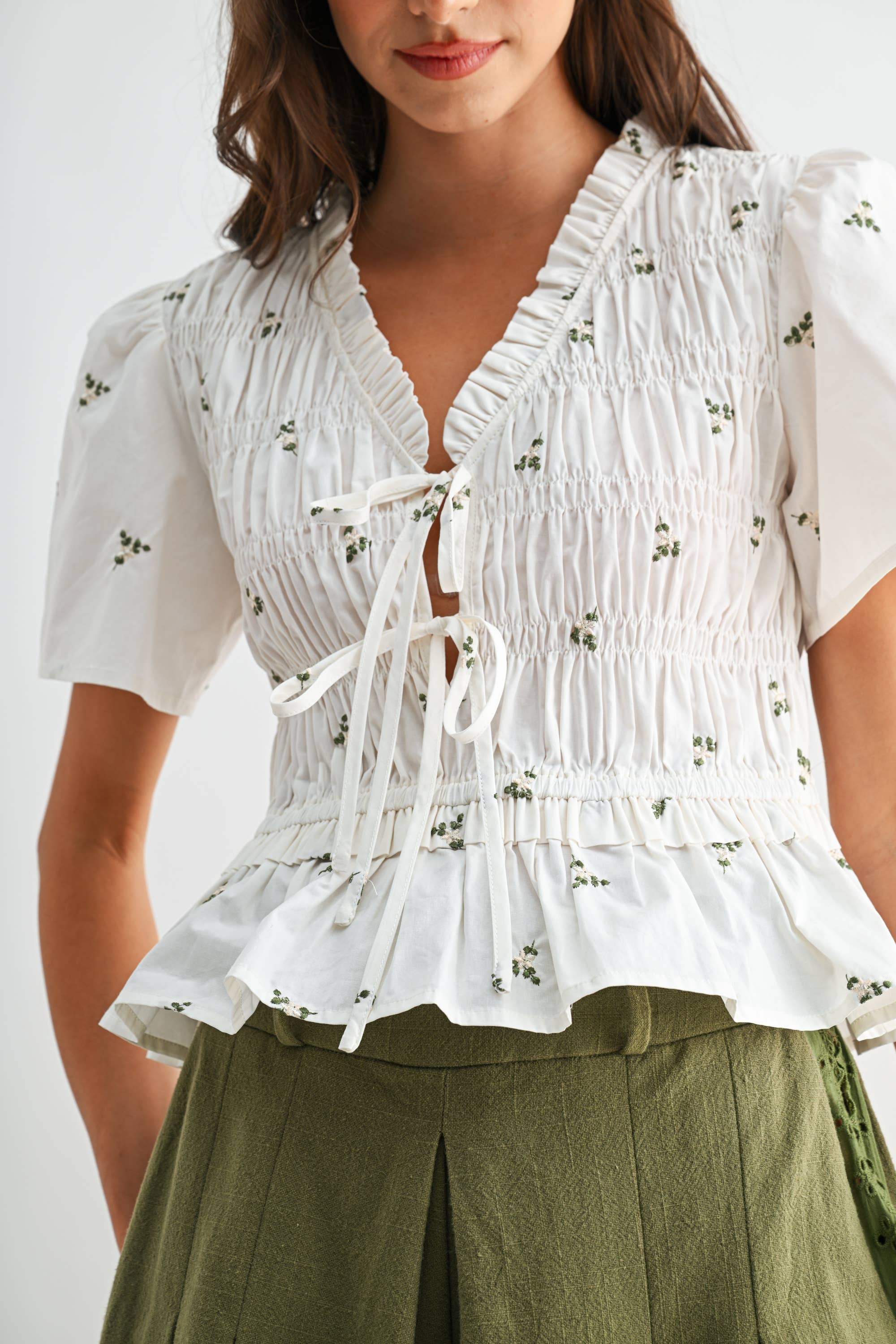 Ivory Floral Tie Front Peplum with Smocking Detail