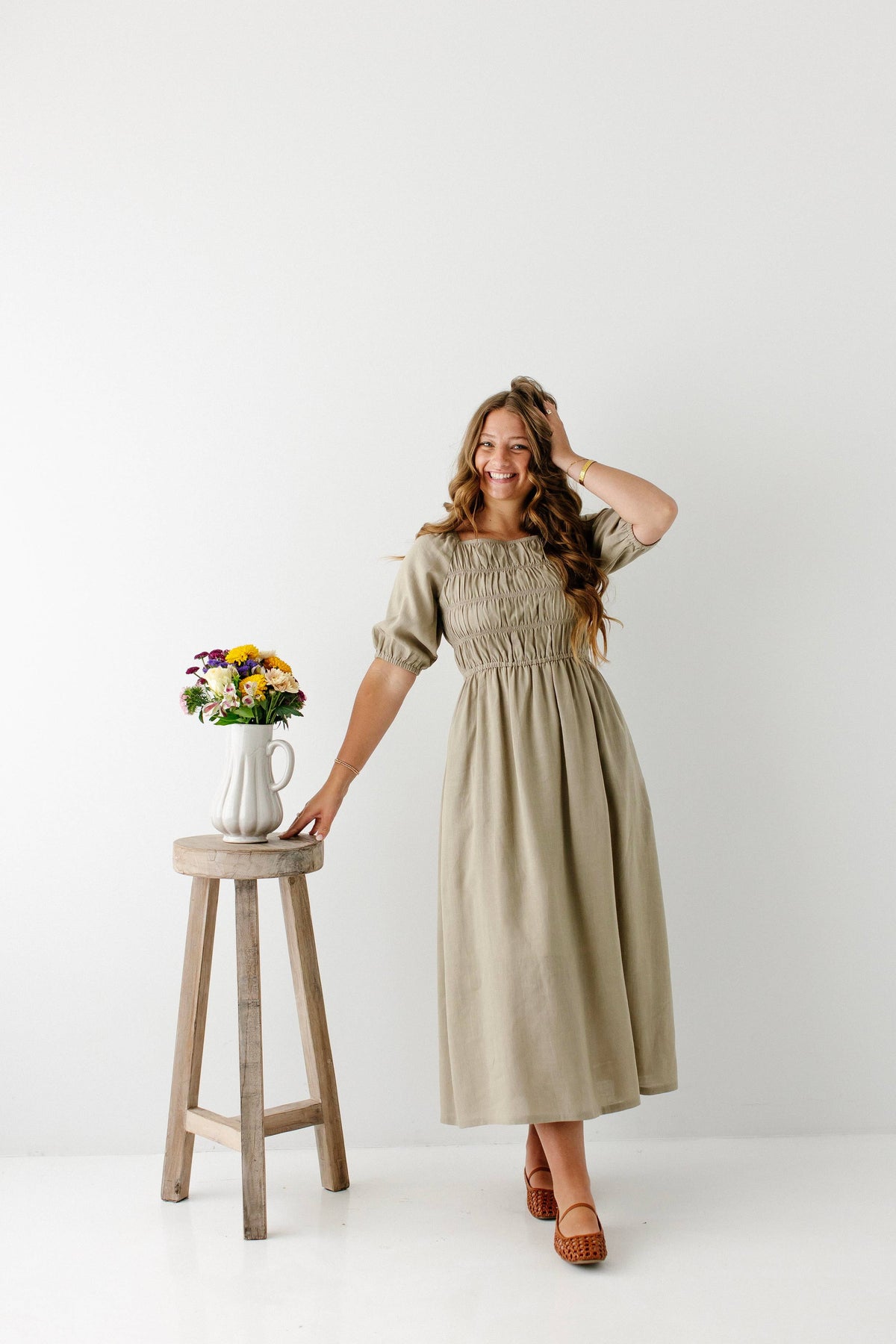 Willow Fall Square Neck Smocked Bodice Midi Dress