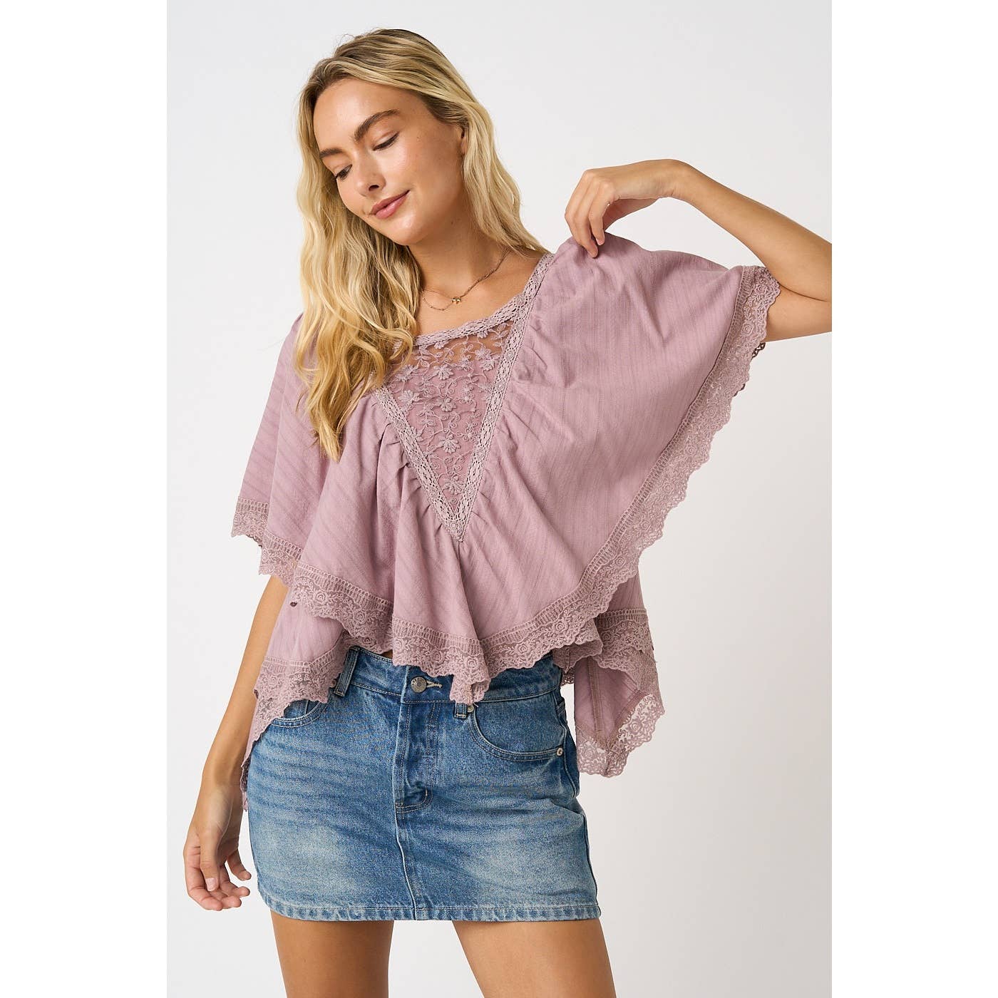 Mauve Lace Trim Flutter Top