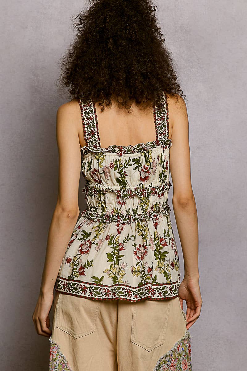 Cream/Multi Printed Square Neck Ruffle Woven Top