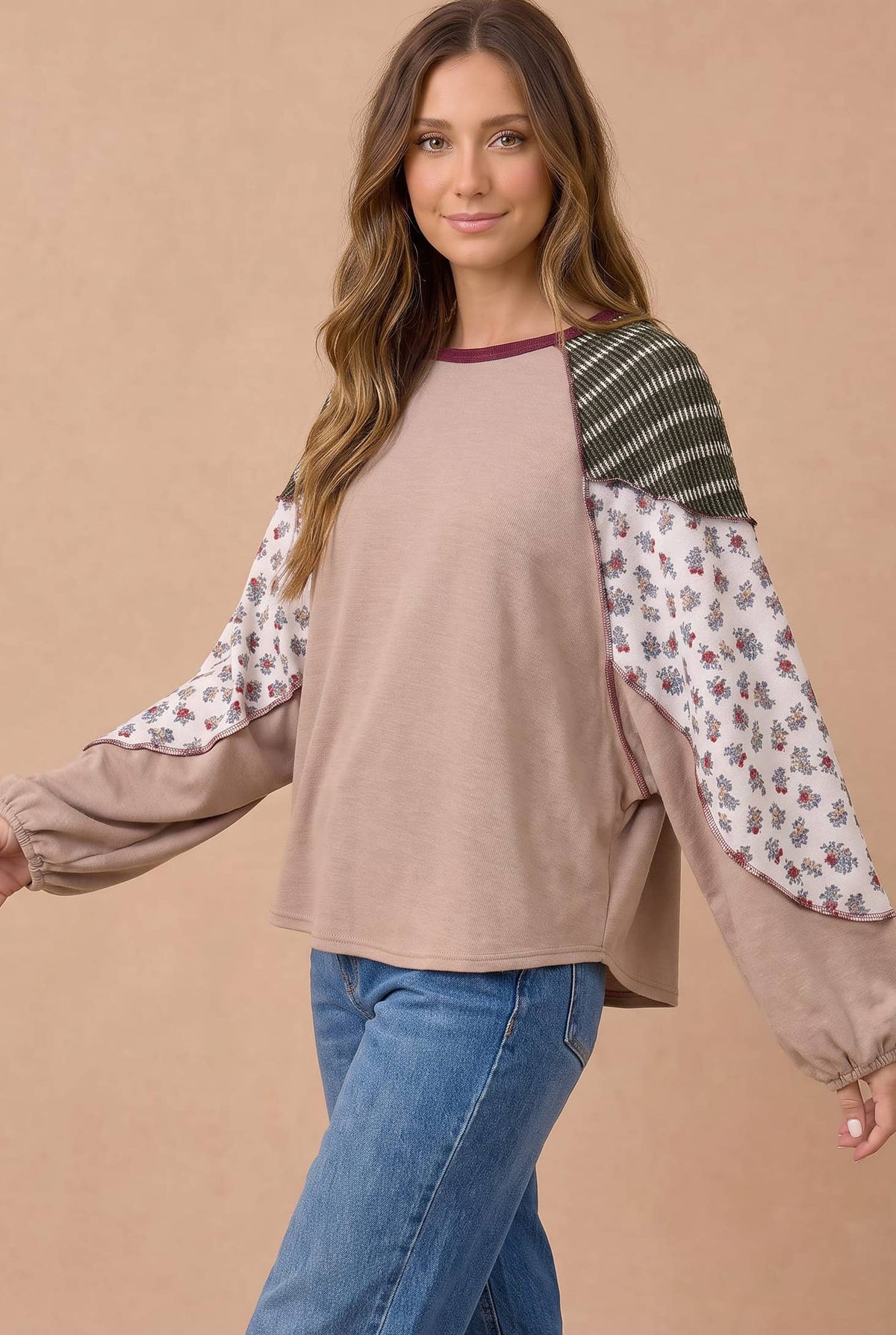 Plus Floral and Stripe Color Block Knit Top