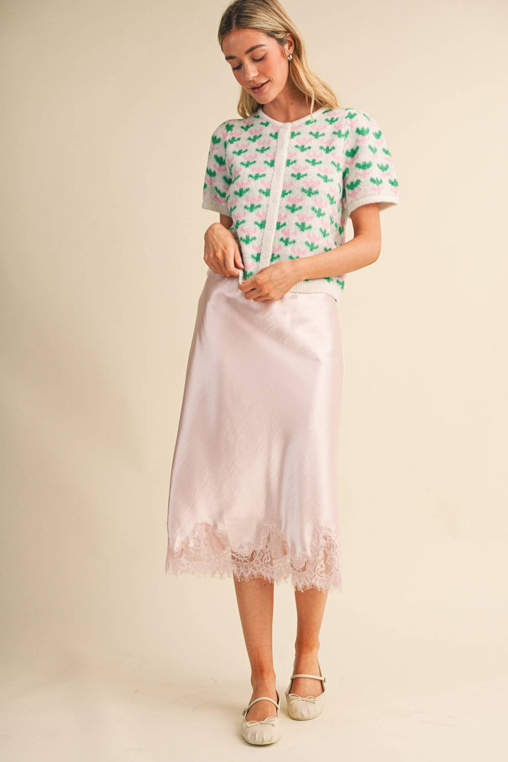 Ballerina Pink Satin Midi Slip Skirt with Lace Hem