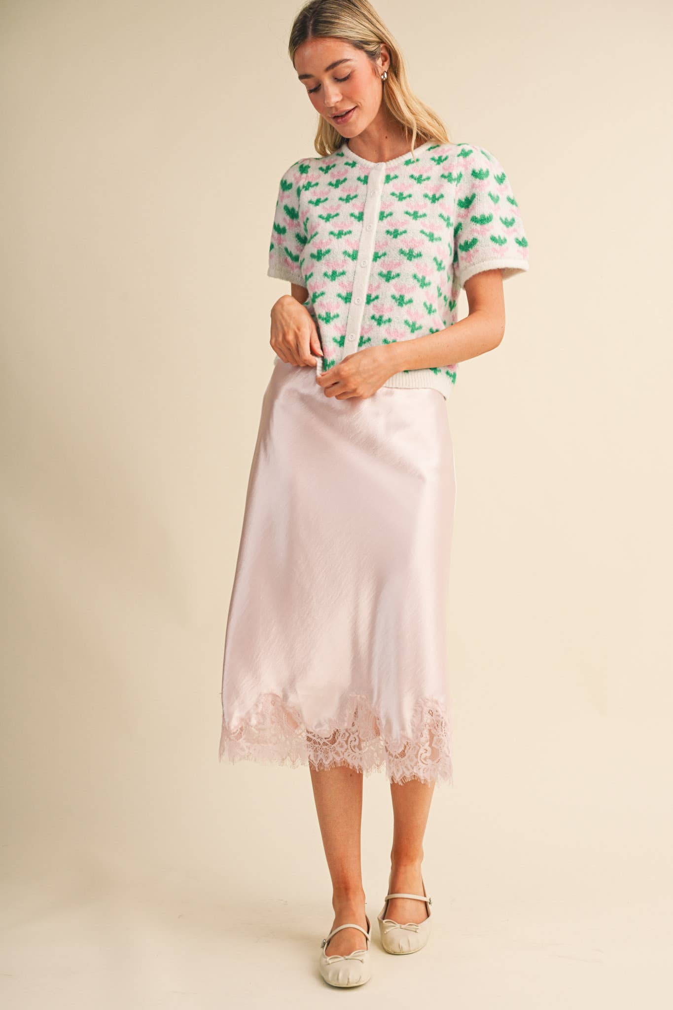 Ballerina Pink Satin Midi Slip Skirt with Lace Hem