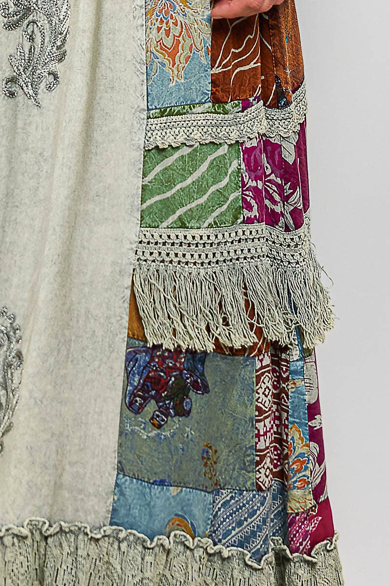 Sage Print Patch Vintage Washing Ruffle Maxi Skirt
