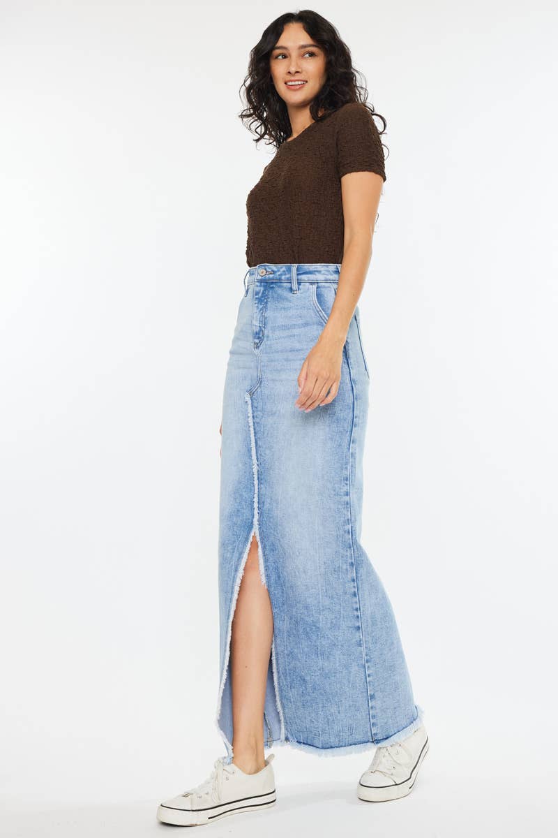 Medium Wash High Waisted Maxi Skirt with Front Slit - Kan Can