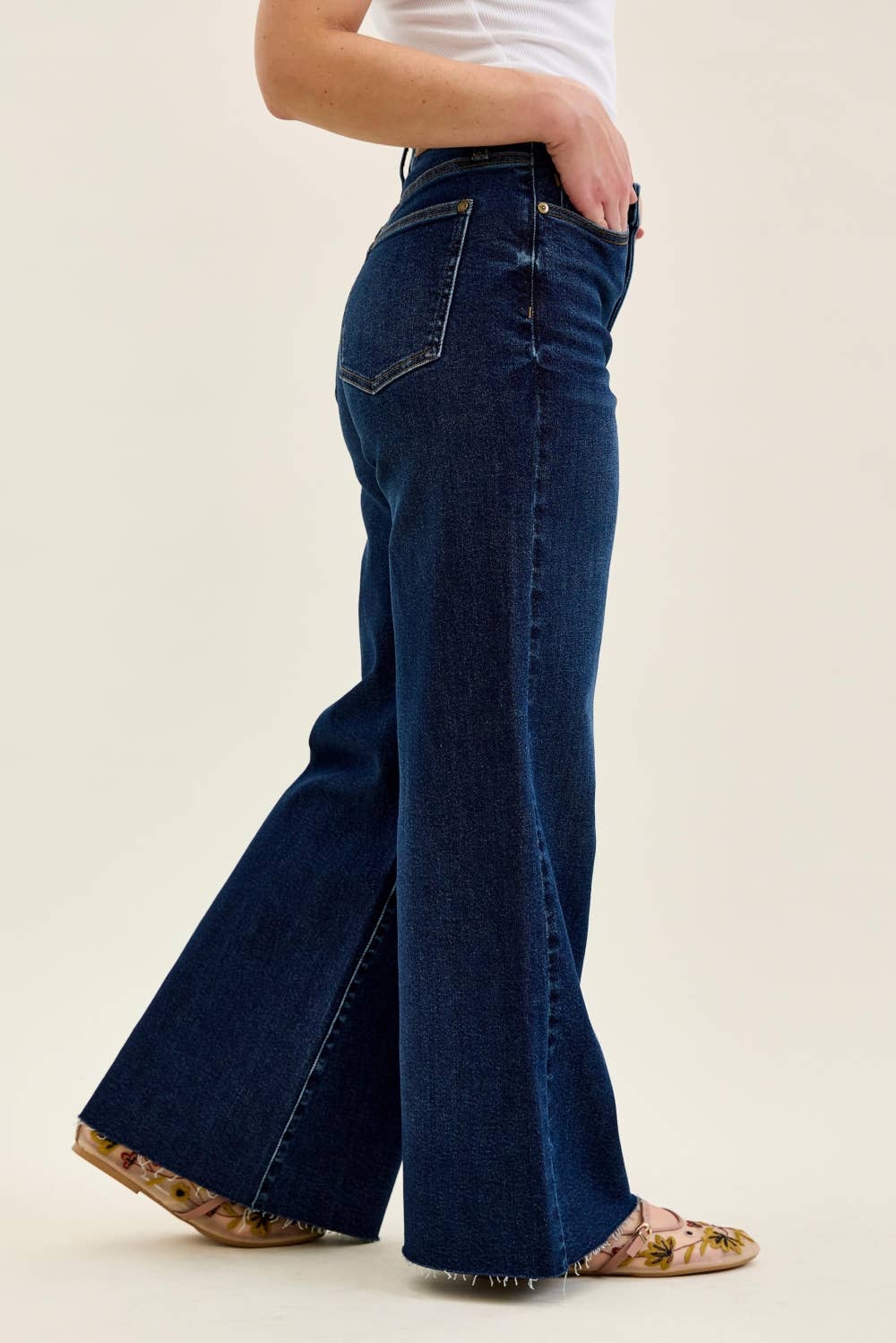 High Waist Petite Wide Leg Jeans with Raw Hem - Judy Blue