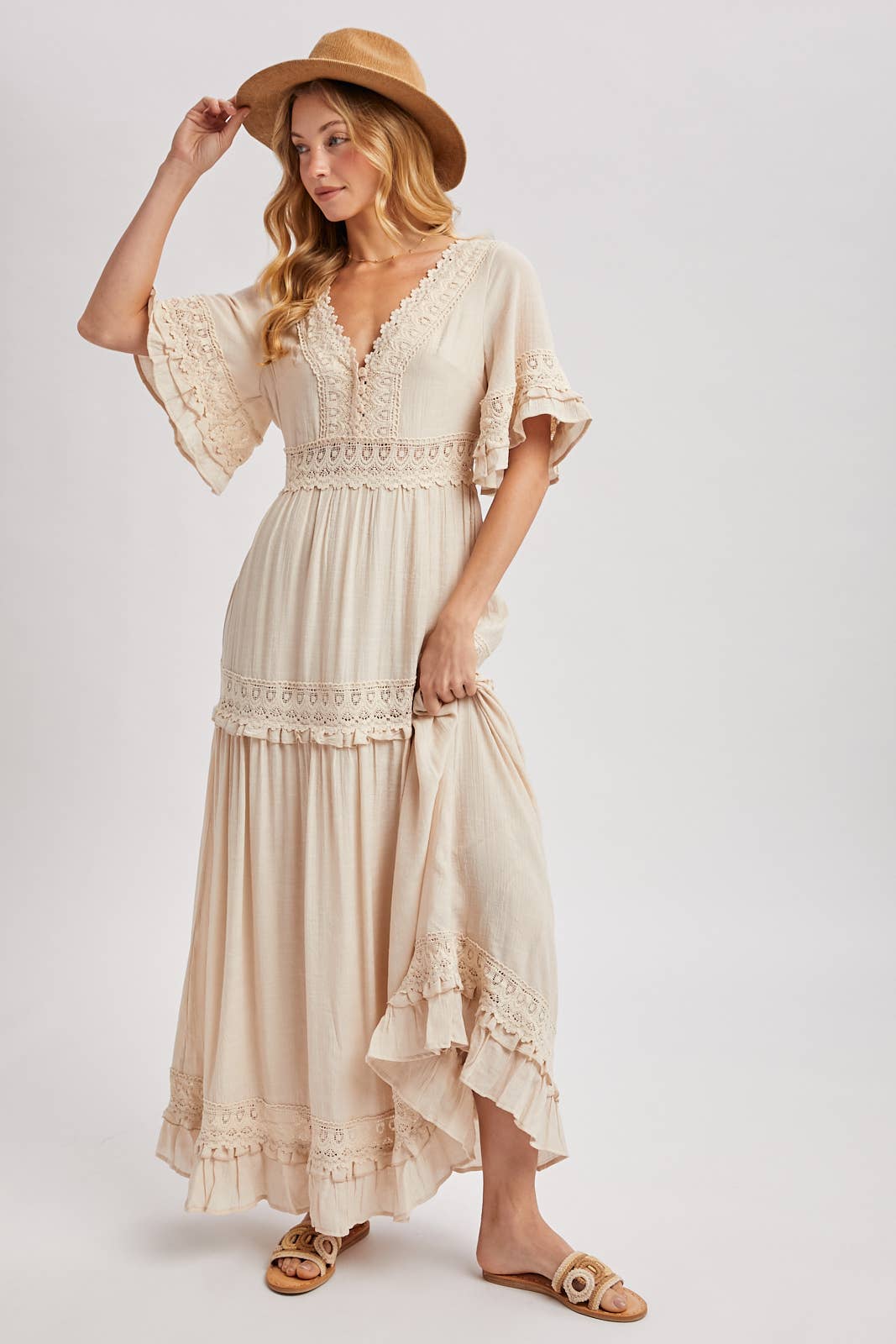 Lace V Neck Maxi Dress with Ruffle Sleeves (Olive & Ivory)