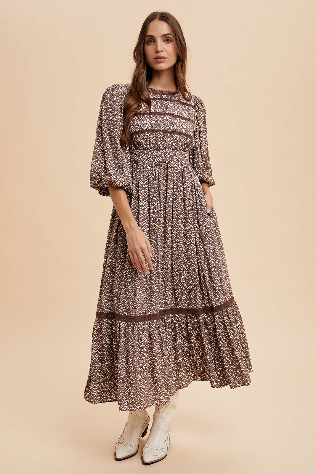 Black Spotted Maxi Dress with Lace Details