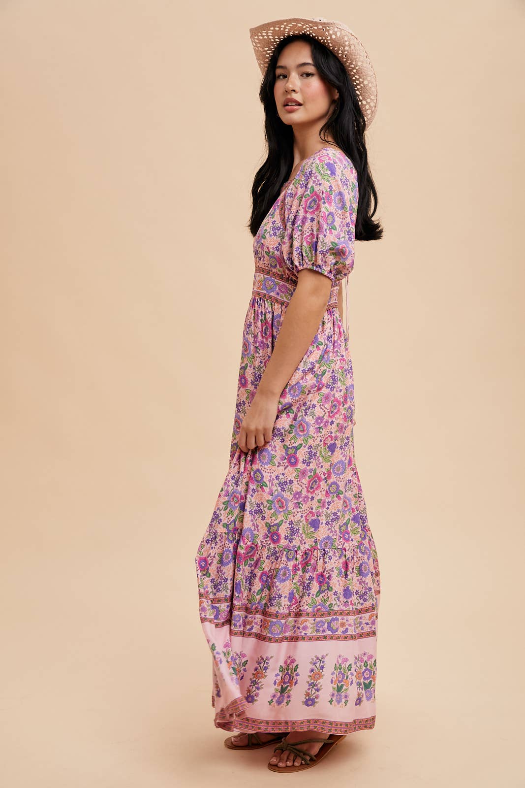 Dusty Blue Border Print Maxi Dress with Puff Sleeves