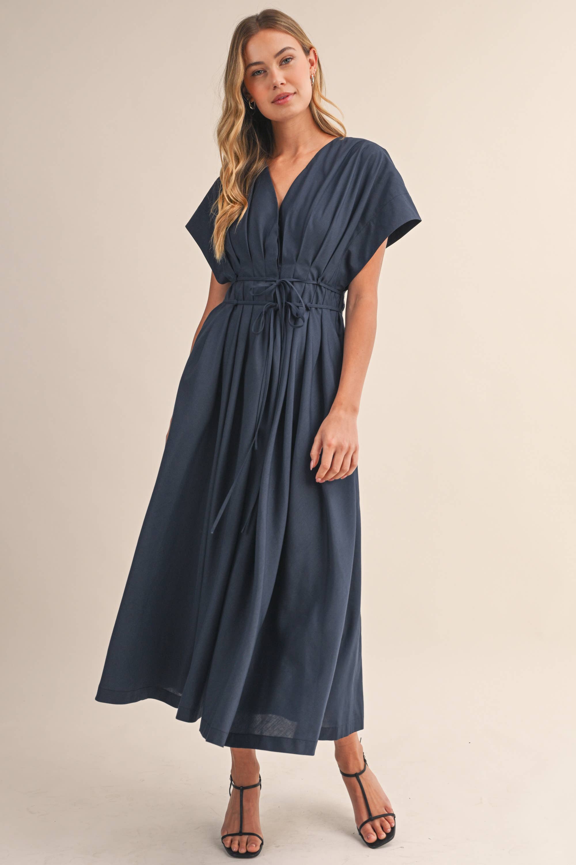 Navy Pleated Belt Mid Length Dress