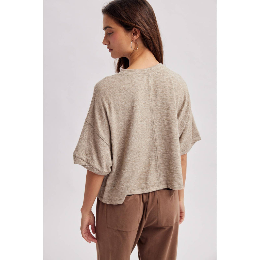 Grey Short Sleeve Button Down Knit Top