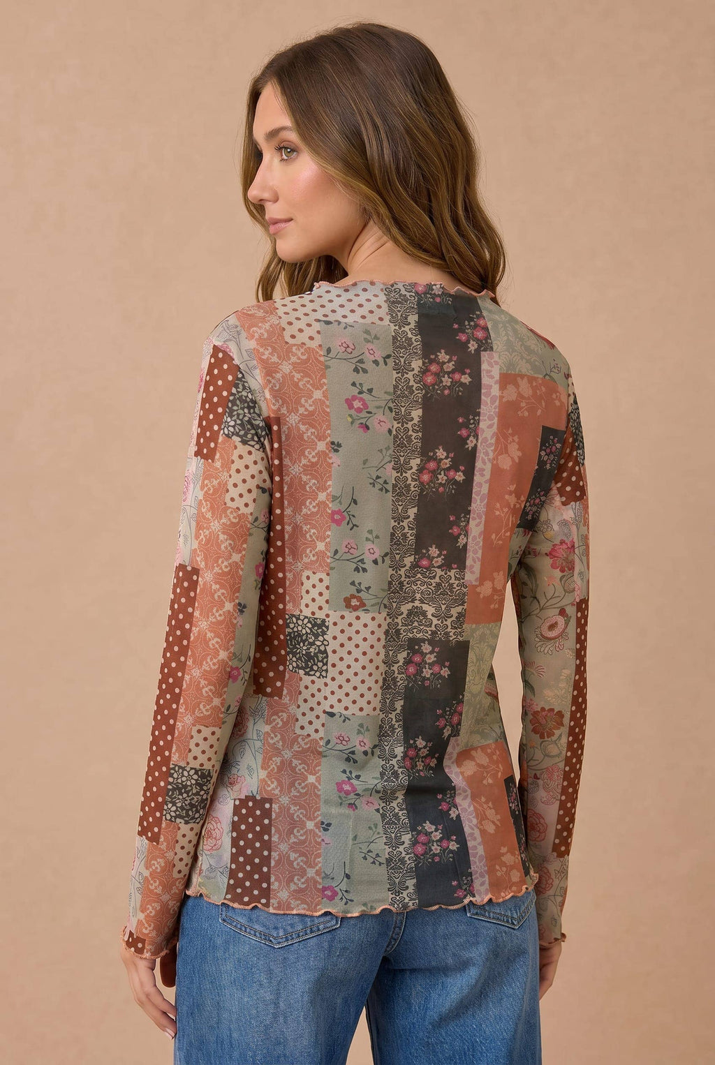 Plus Patchwork Mesh High Neckline Frilled Top