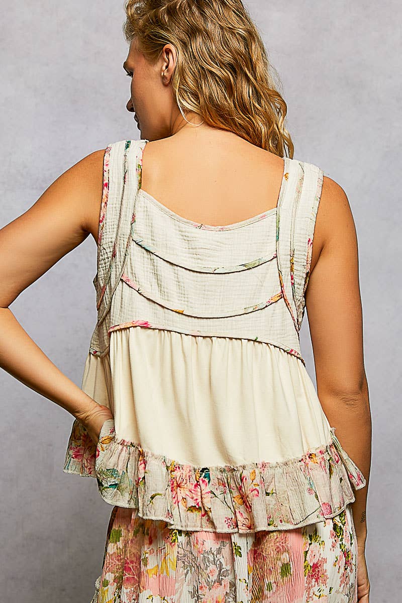 Cream Neck Soft Jersey Floral Trim Boho Tank Top