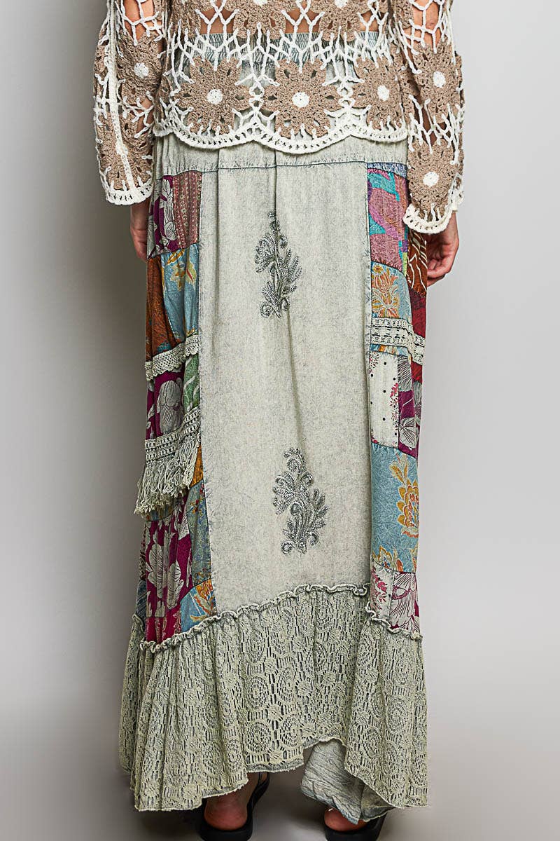 Sage Print Patch Vintage Washing Ruffle Maxi Skirt