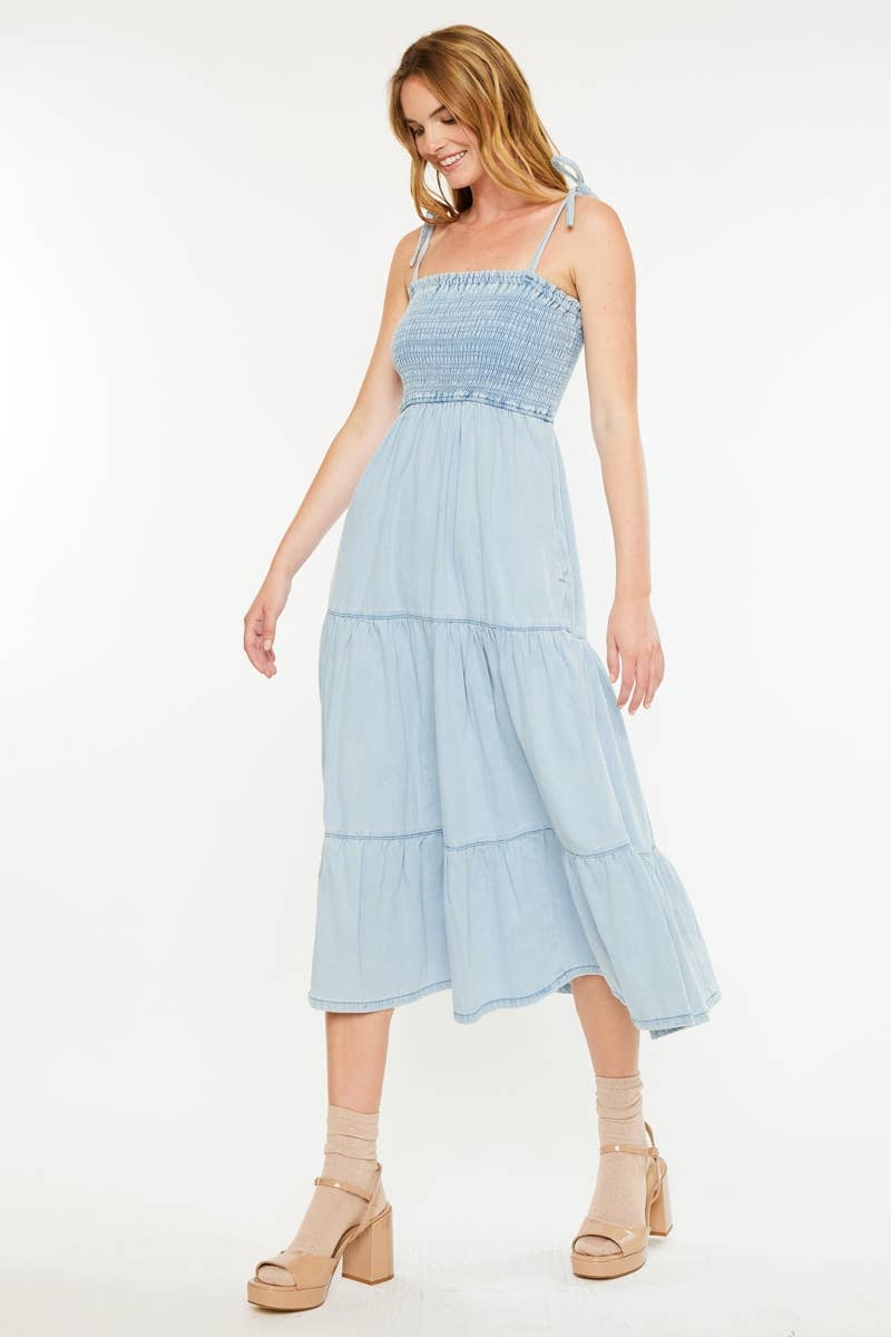 Light Wash Denim Dress with Smocking Detail - Kan Can
