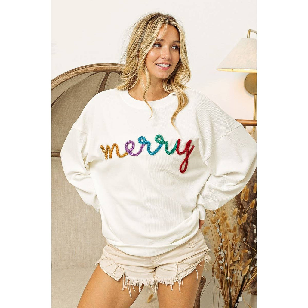 MERRY TINSEL LETTERING TWO TONE RIB PULLOVER