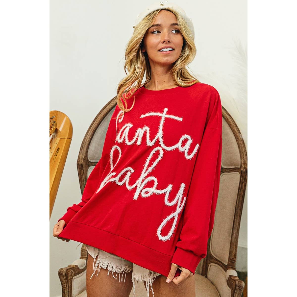 TINSEL SANTA BABY LETTERING CHRISTMAS SWEATSHIRT
