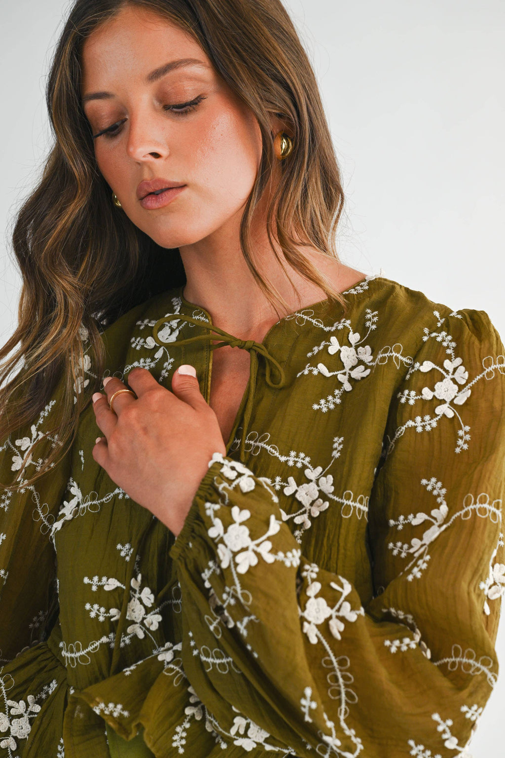 Olive Floral Tie Front Peplum