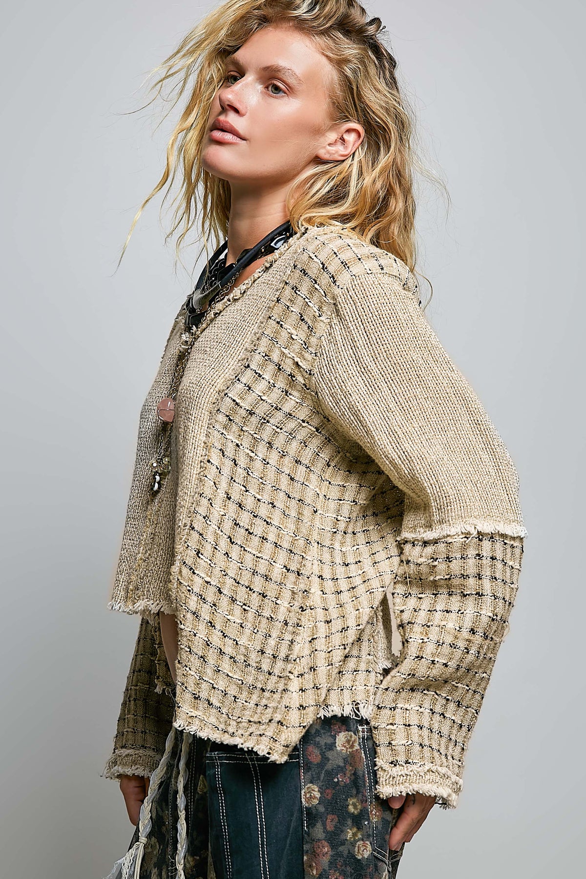 Taupe Hi Lo Cut Raw Hem Knit Top