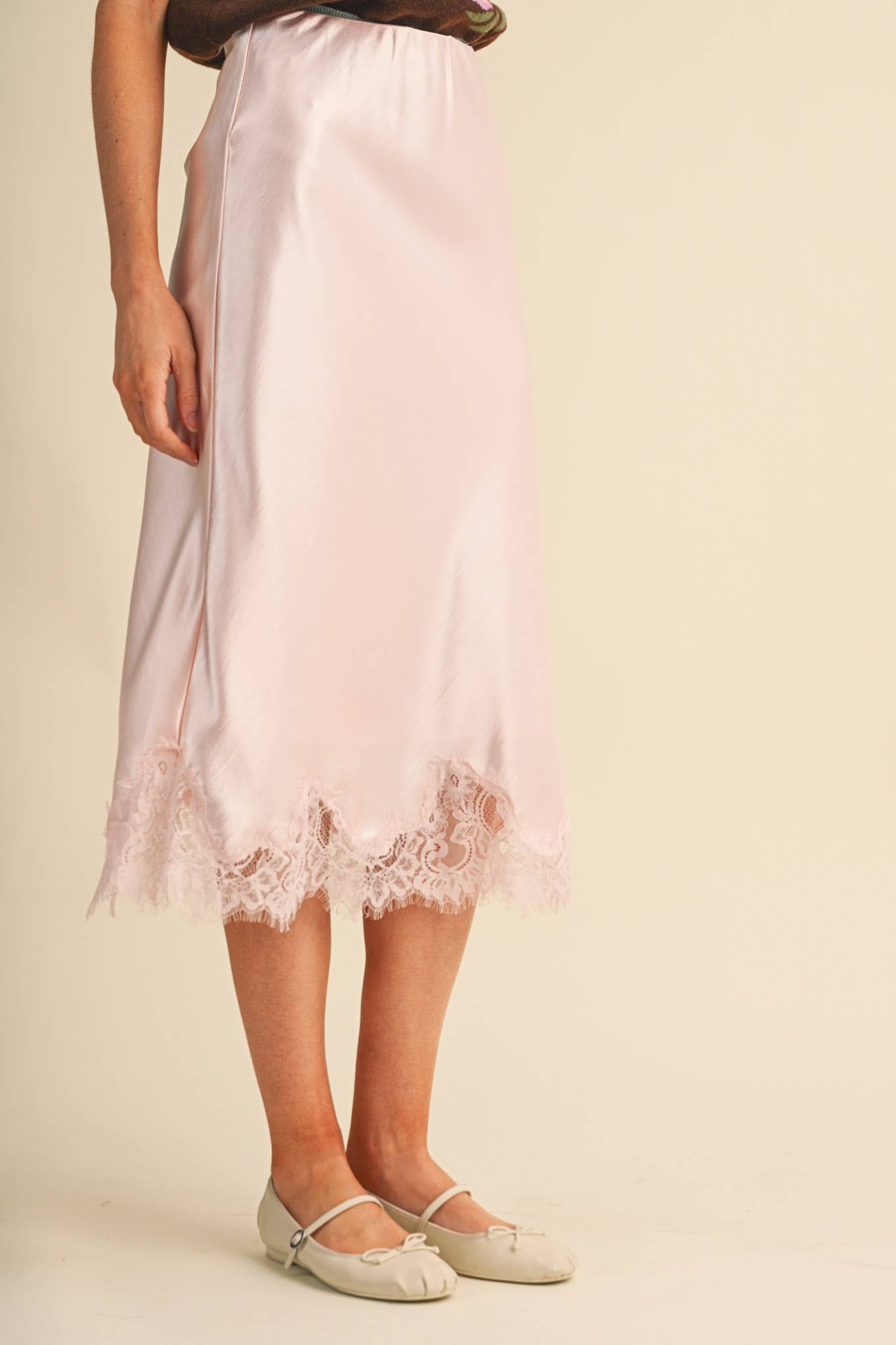 Ballerina Pink Satin Midi Slip Skirt with Lace Hem