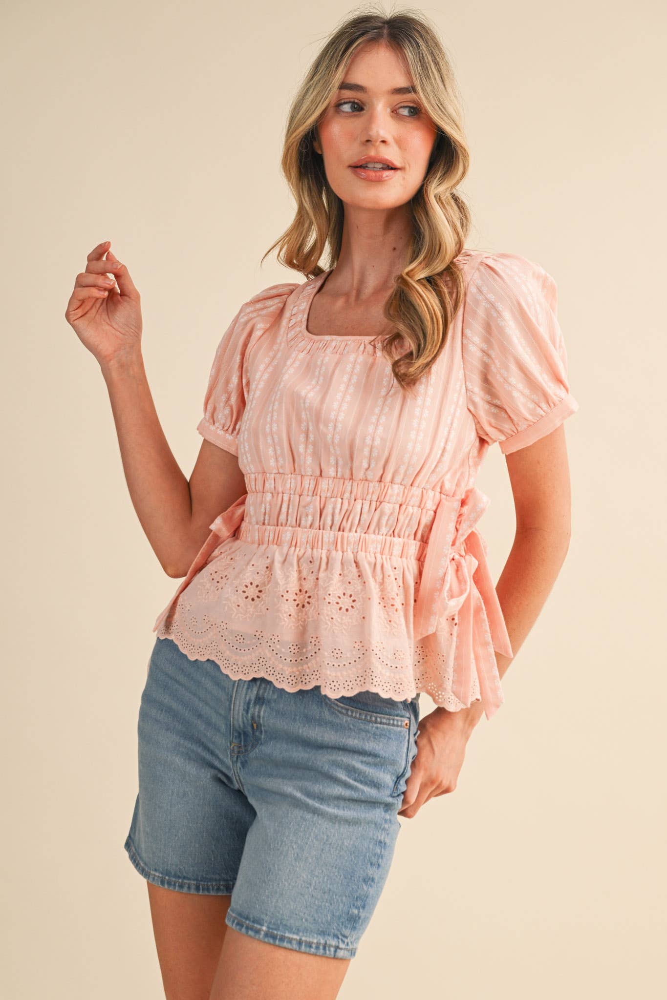 Denim Blue Striped Floral Eyelet Hem Peplum Top