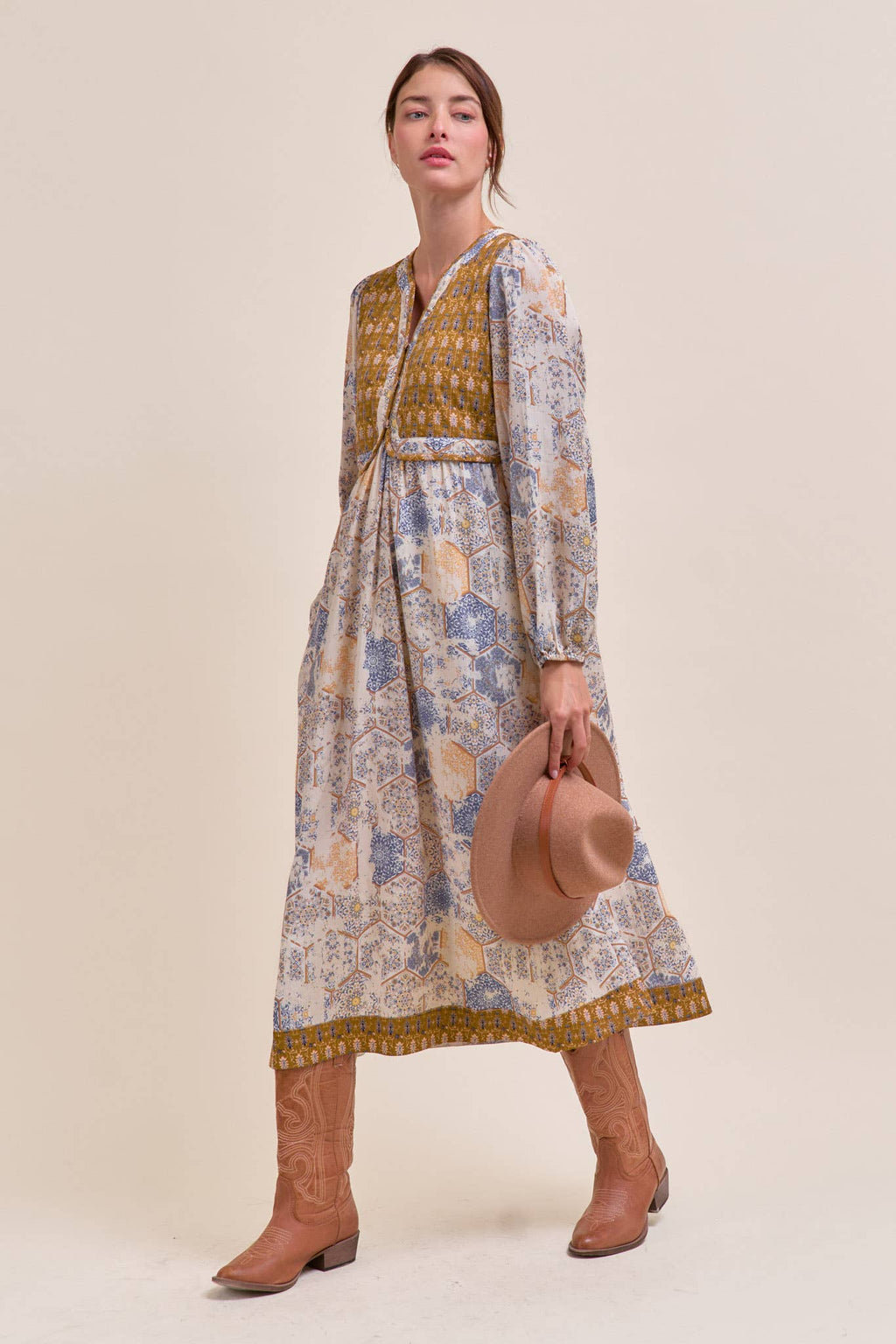 Mustard/Blue Quilted Vest Midi Length Dress