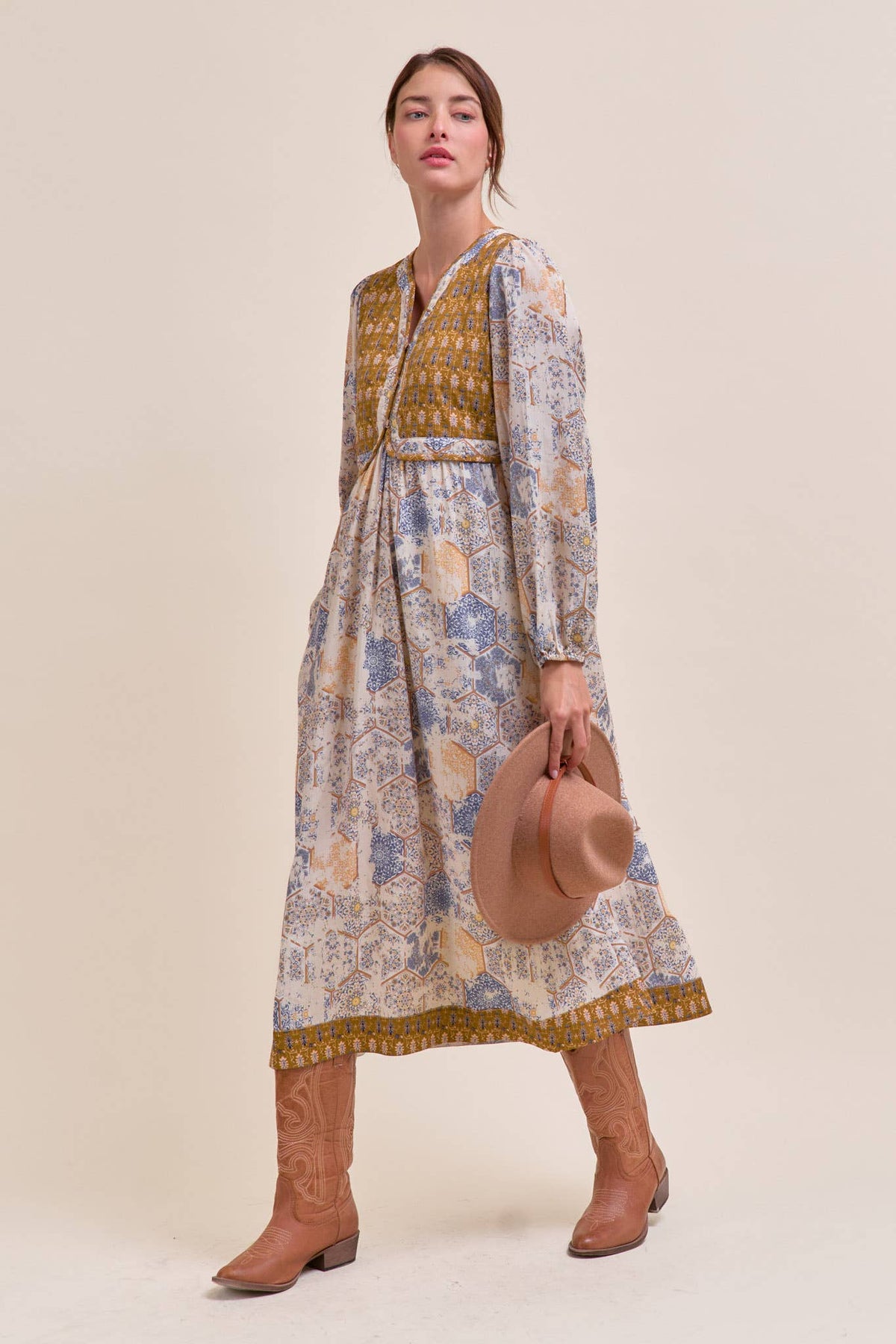 Mustard/Blue Quilted Vest Midi Length Dress