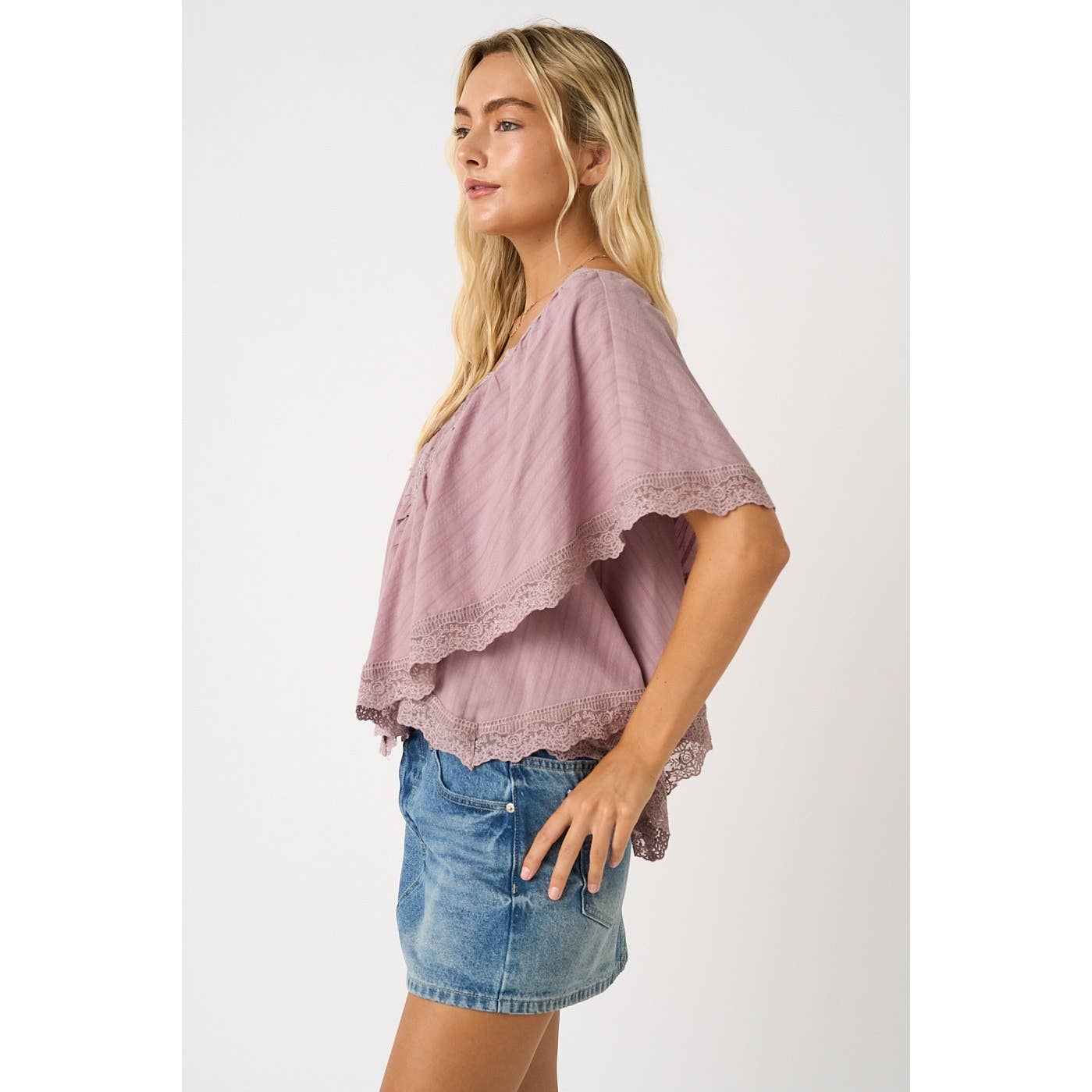 Mauve Lace Trim Flutter Top