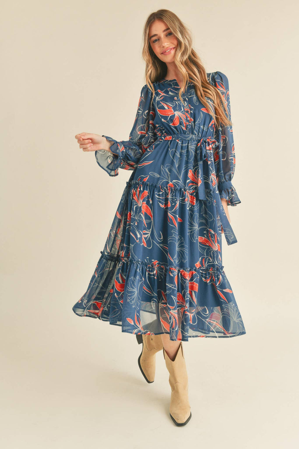 Teal Floral Button Down Ruffle Tiered Dress