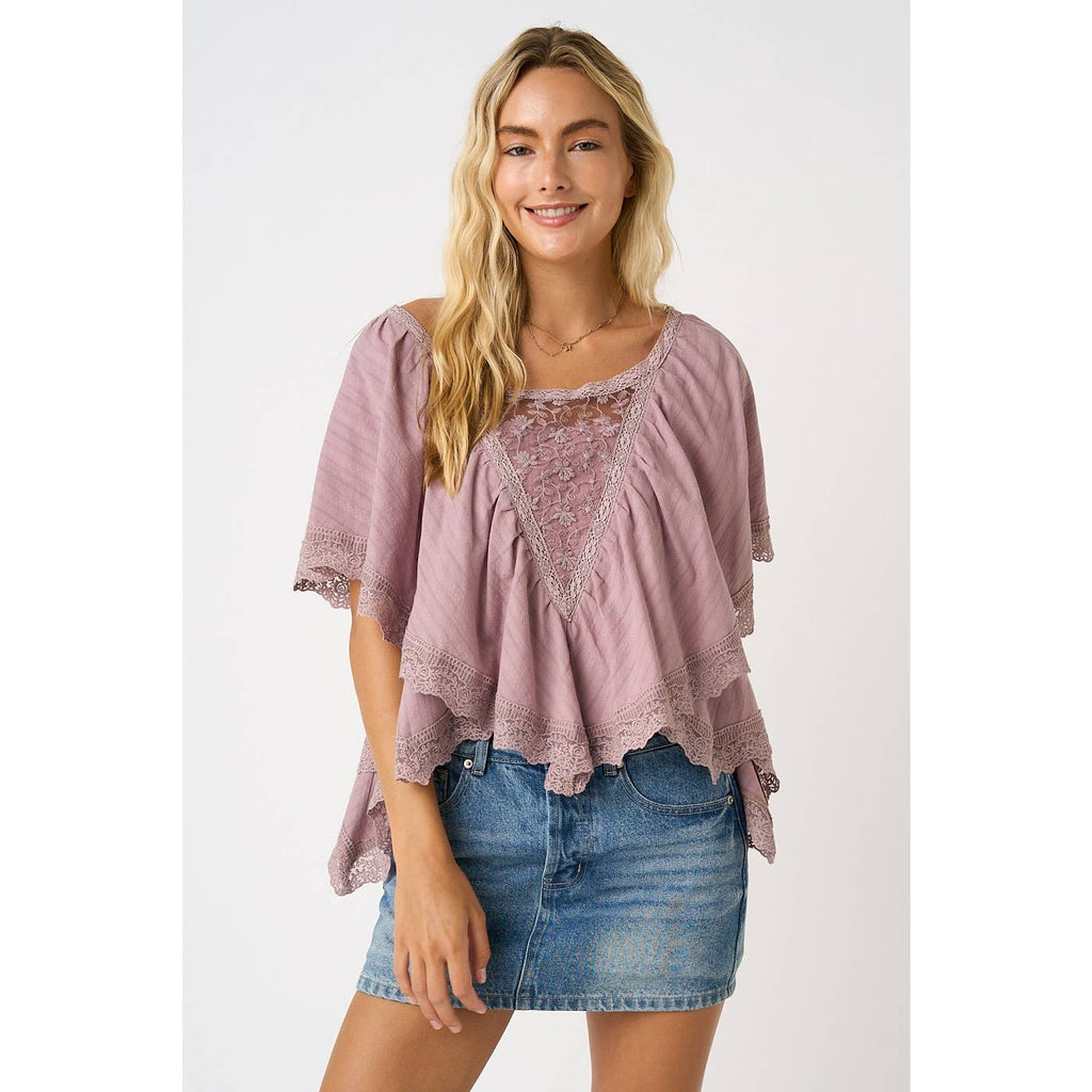 Mauve Lace Trim Flutter Top