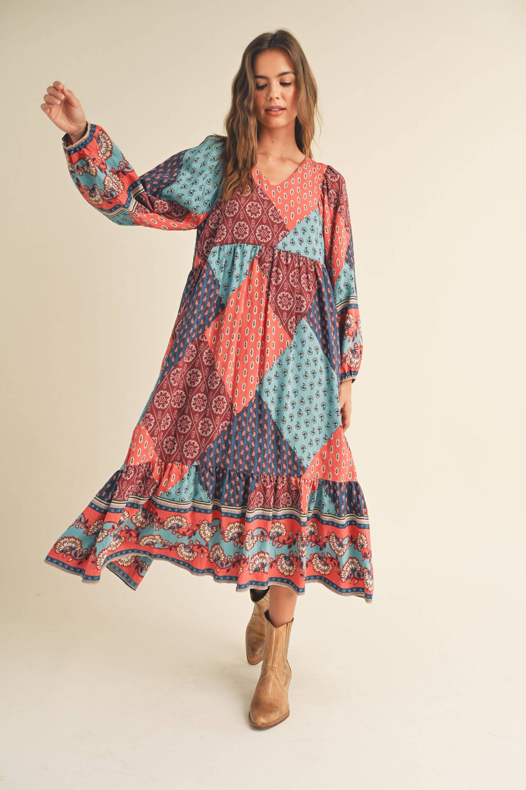 Rust Multi Color Printed Balloon Sleeve Mid Length Dress