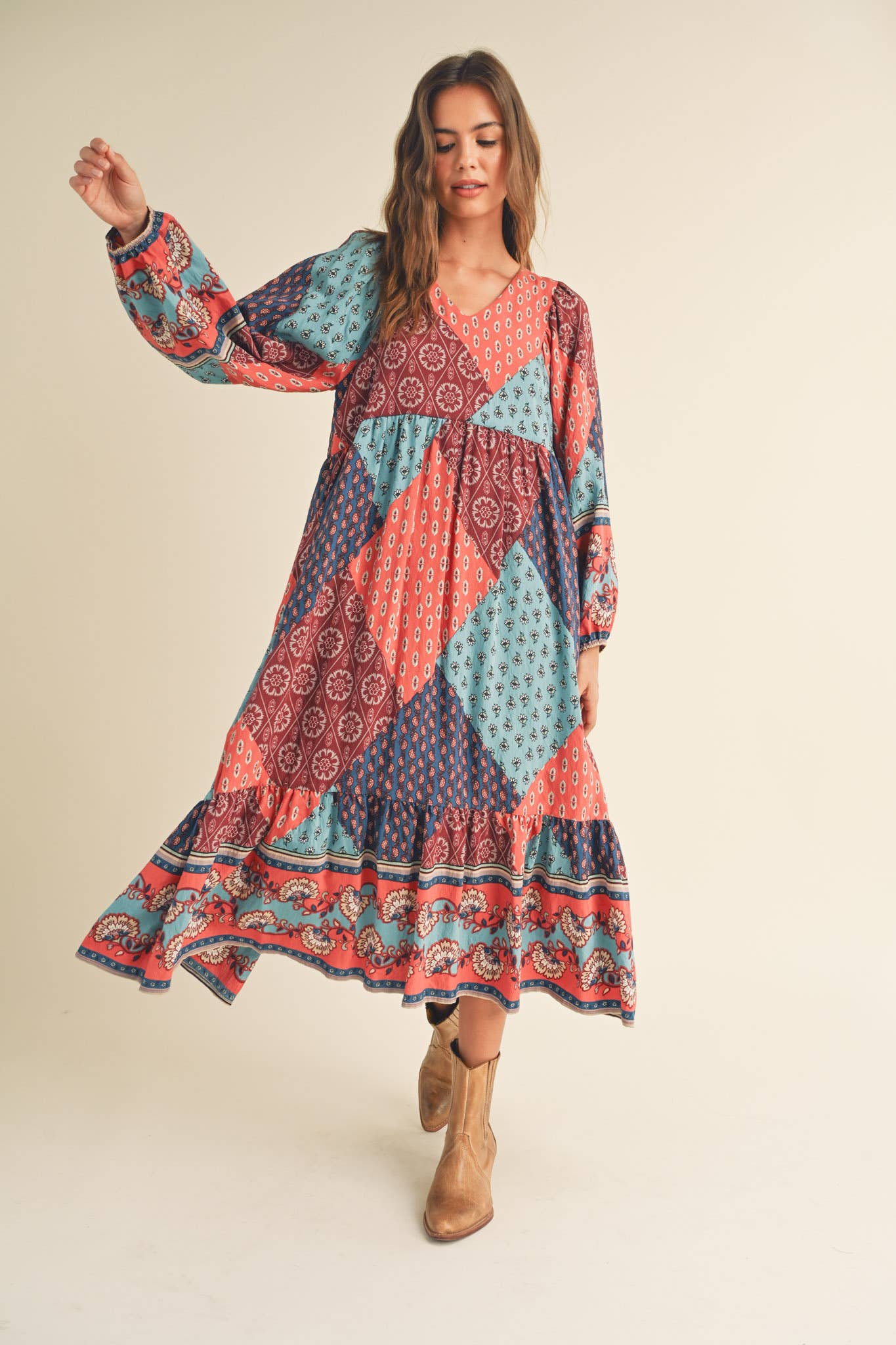 Rust Multi Color Printed Balloon Sleeve Mid Length Dress